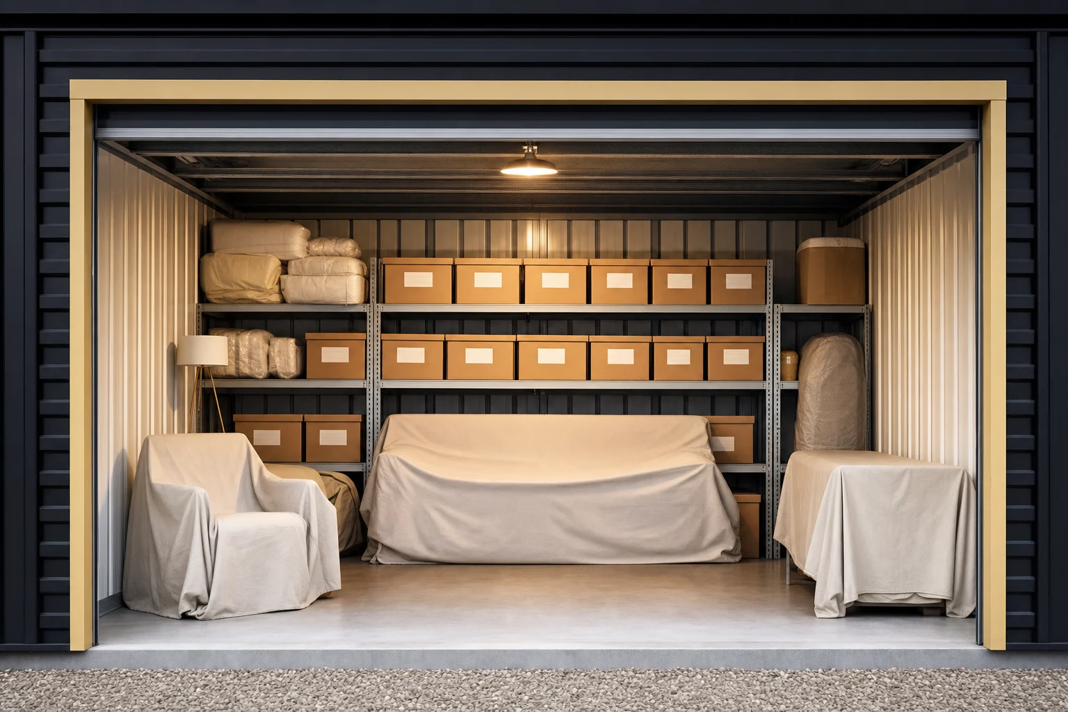 Módulo de guardamuebles visto de frente con el contenido ordenado: muebles bajo fundas claras y cajas etiquetadas alineadas en estanterías
