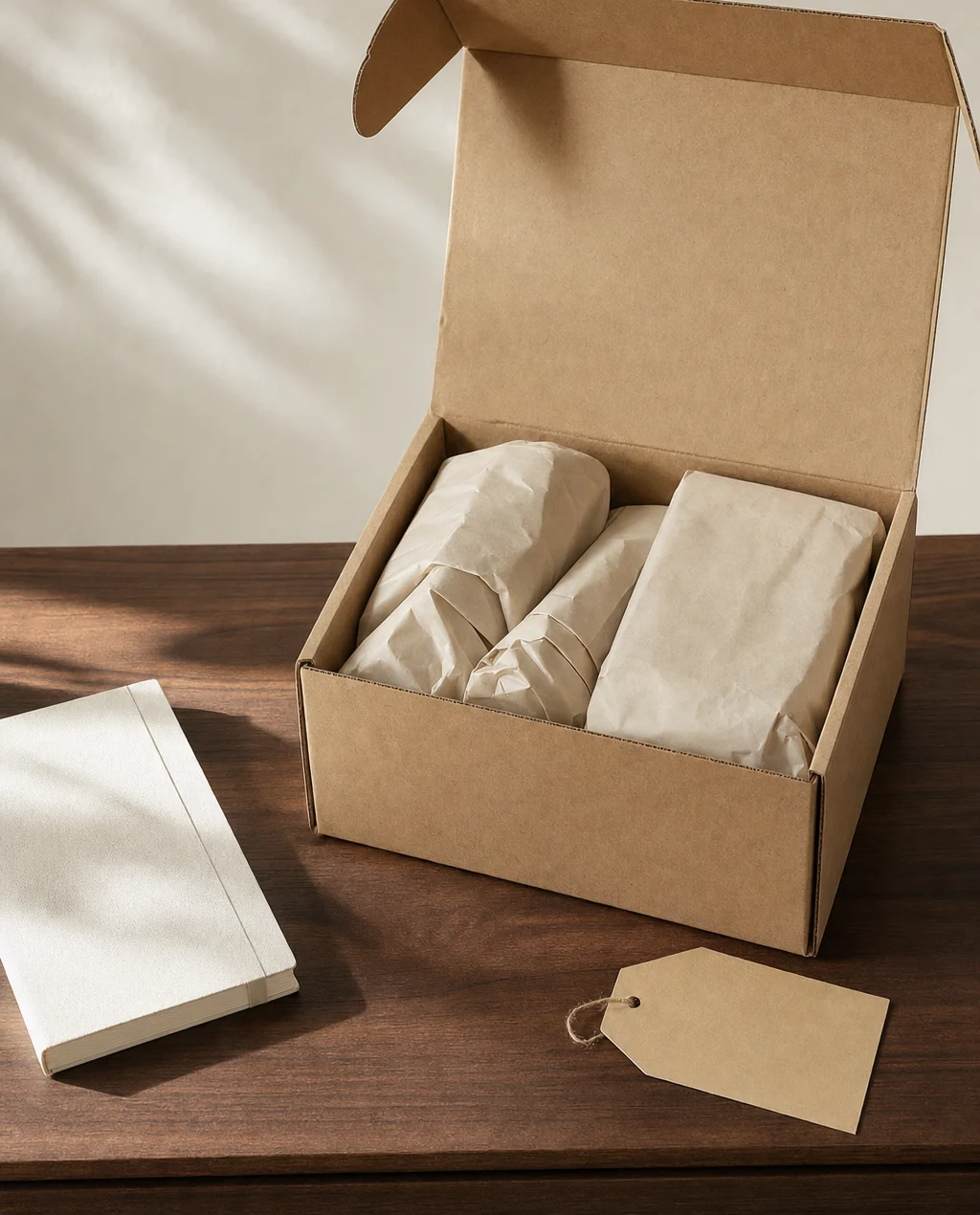 Caja abierta con objetos envueltos uno a uno en papel de embalar, junto a una etiqueta de cartón y un cuaderno de registro sobre una mesa de madera