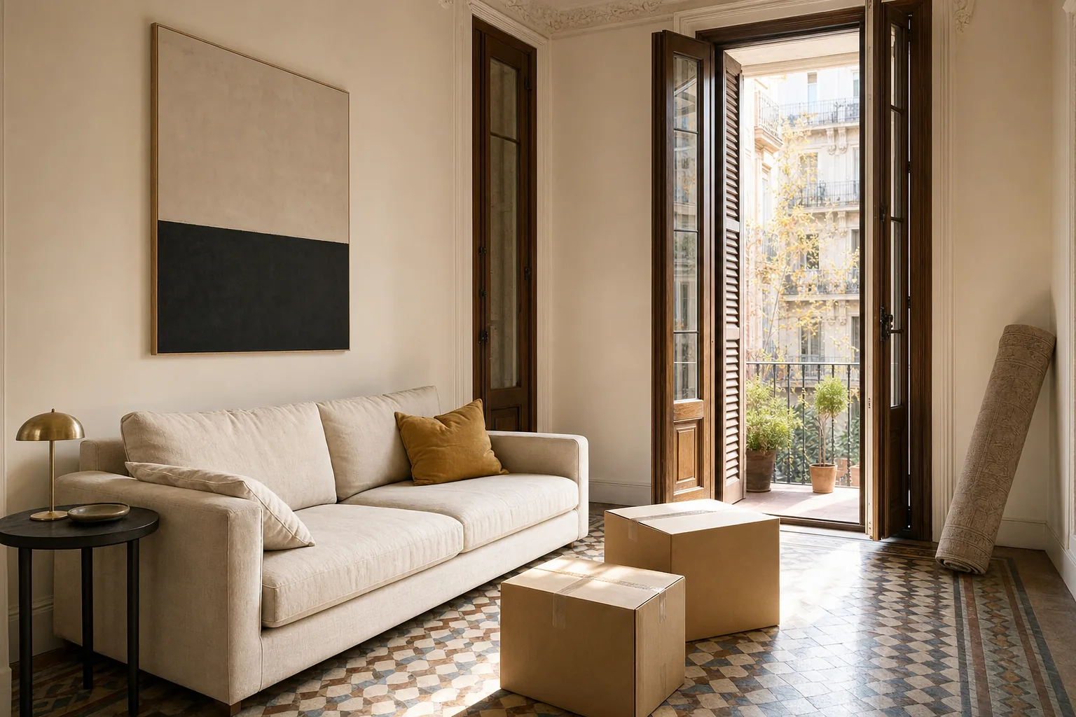 Salón luminoso de un piso del Eixample con unos pocos muebles ya colocados y dos cajas por abrir, al final del traslado
