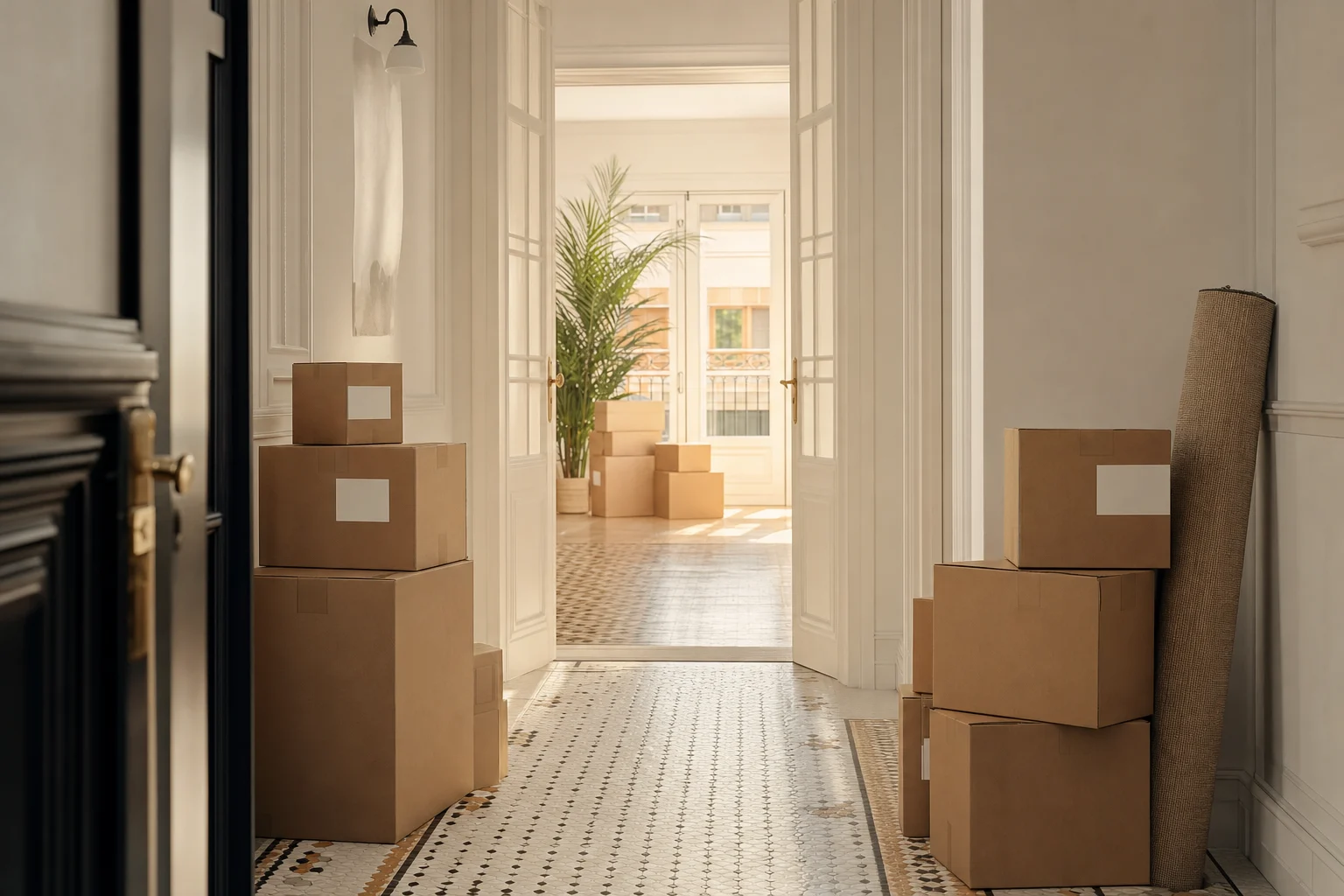Pasillo de un piso del Eixample el día de la llegada, con las cajas agrupadas por habitación junto a las puertas y el suelo de mosaico despejado