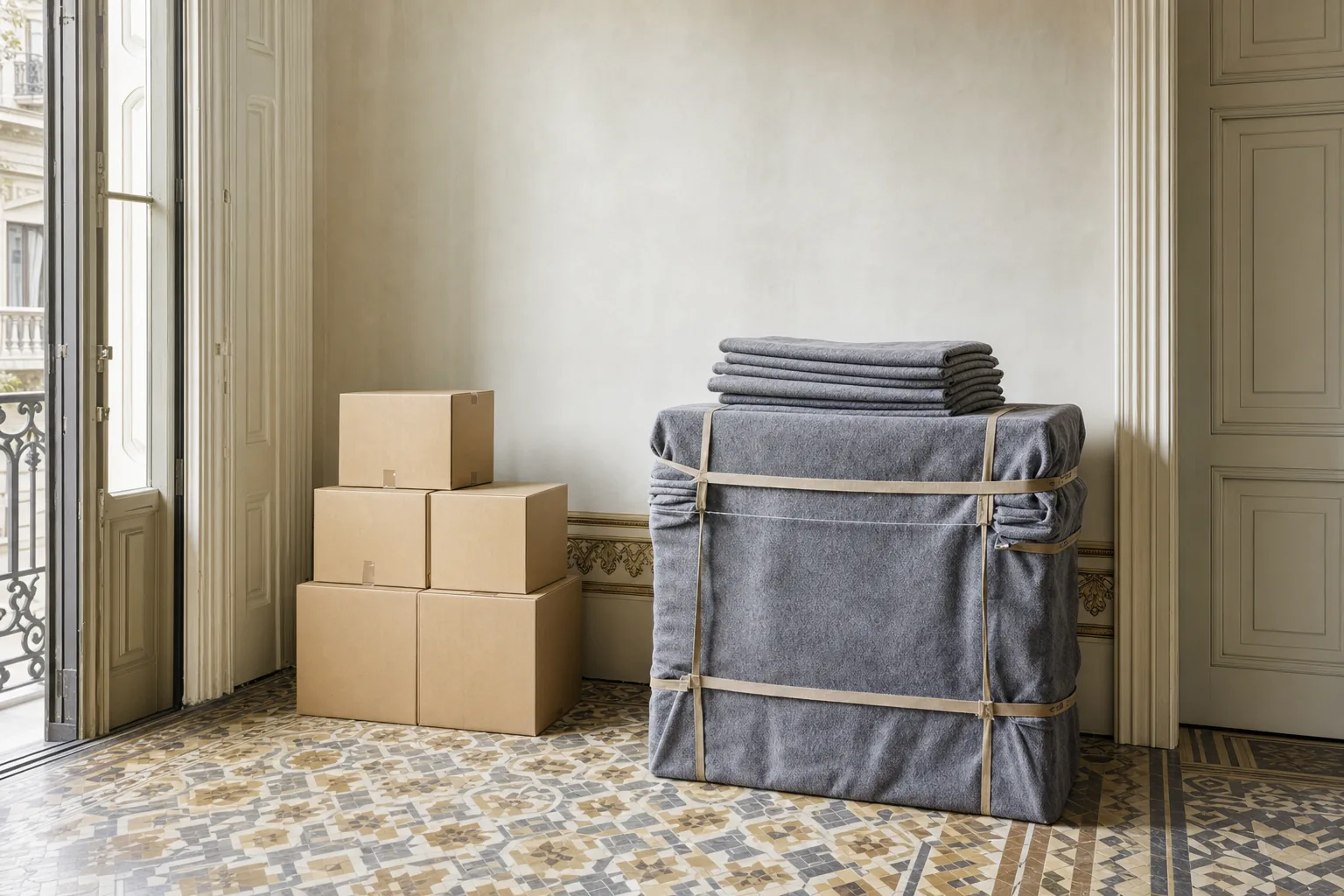 Cajas de cartón cerradas y apiladas junto a una cómoda envuelta en mantas de mudanza y cinchada, sobre el suelo de mosaico de un piso del Eixample