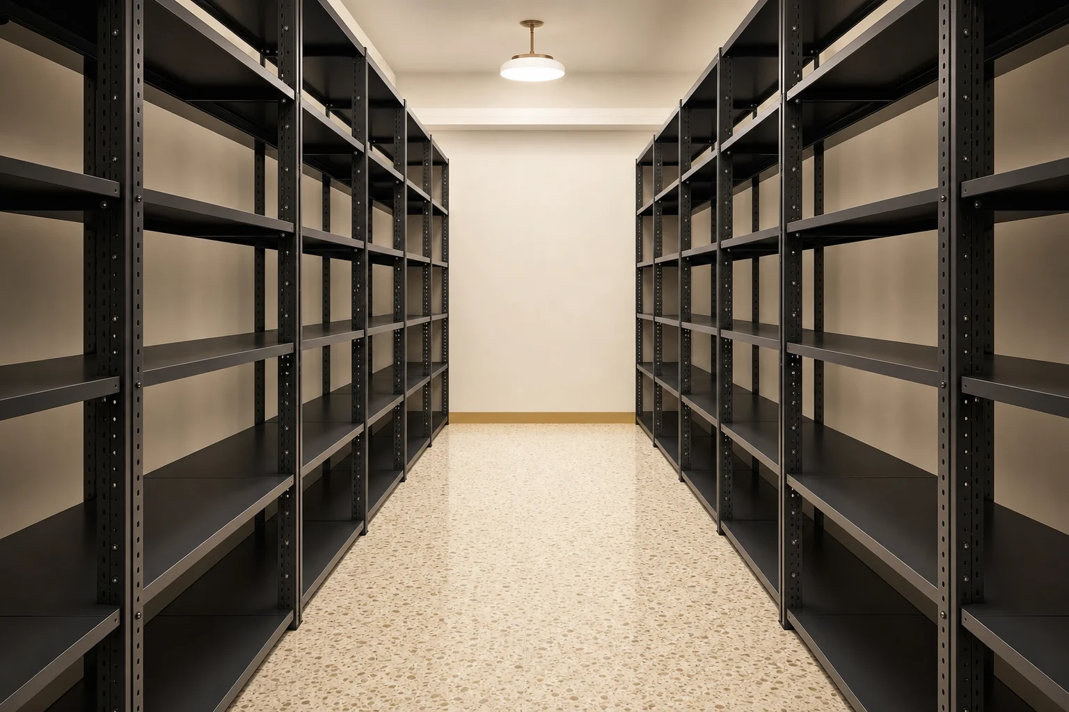 Sala de archivo con dos filas de estanterías metálicas completamente vacías, suelo de terrazo barrido y luz cálida de una lámpara de techo