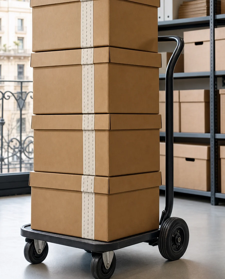 Cajas de archivo cerradas y precintadas apiladas en una carretilla de mano dentro de una oficina de Barcelona, junto a estanterías metálicas