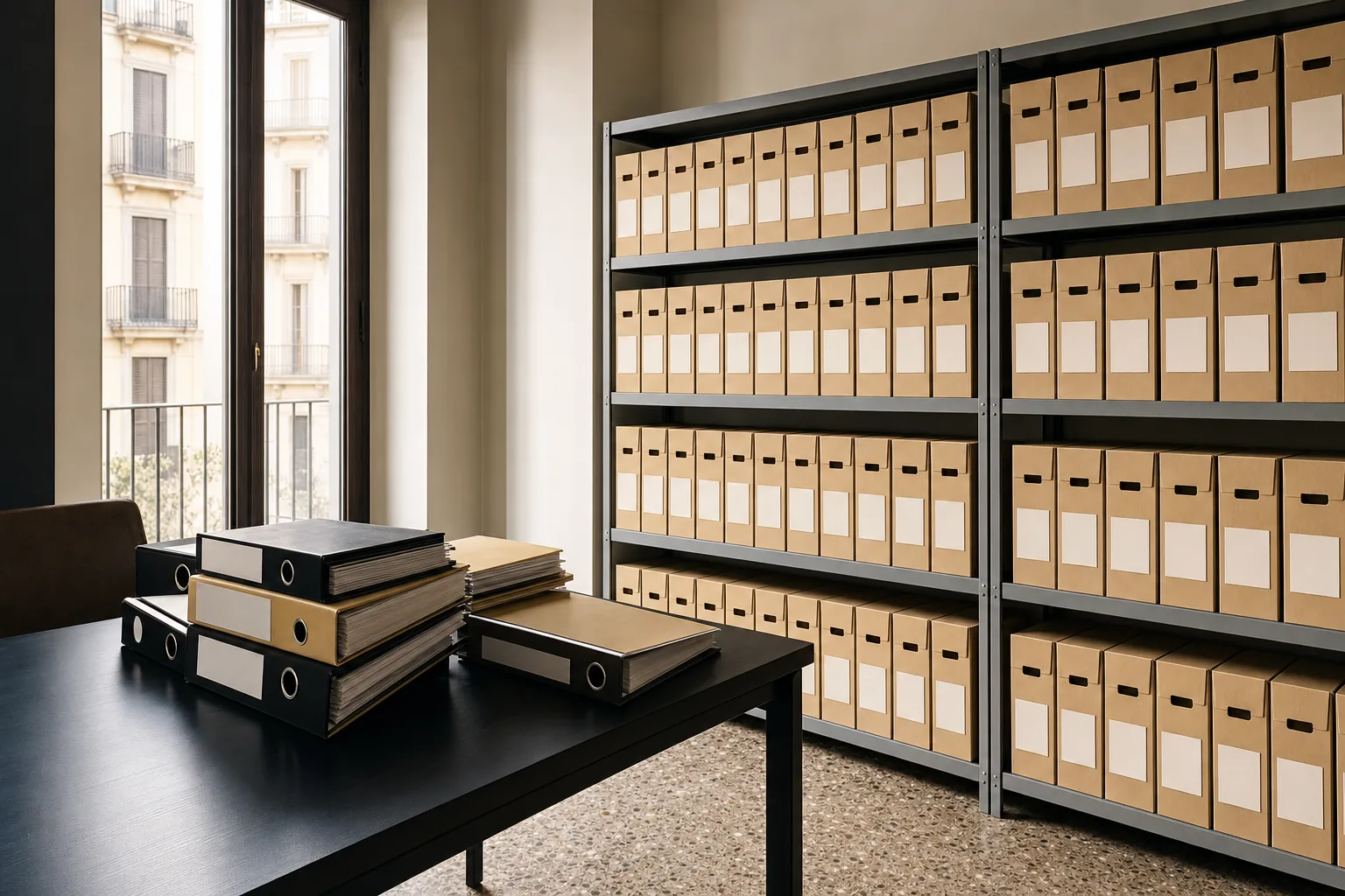 Archivo en papel de una oficina de Barcelona: cajas de cartón alineadas en estanterías metálicas y archivadores de anillas cerrados sobre una mesa