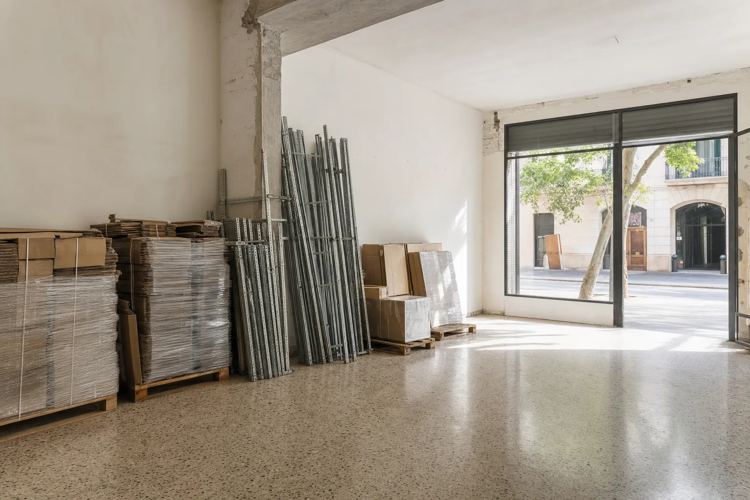 Local comercial de Barcelona en proceso de vaciado, con palés de cartón retractilado y estanterías metálicas desmontadas junto a la pared