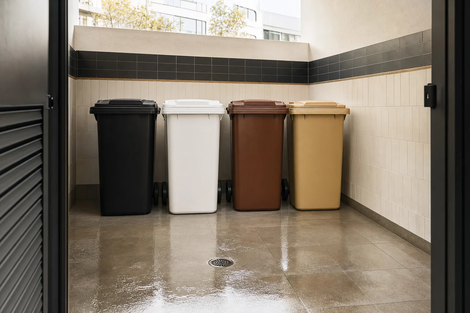 Cuarto de basuras de una finca de Barcelona después de la recogida, con cuatro contenedores de distintas fracciones cerrados y alineados y el suelo recién fregado