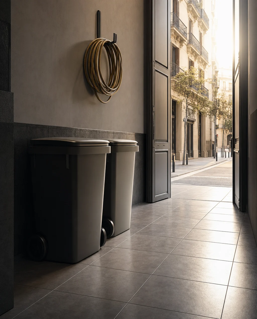 Pasillo de servicio de una finca de Barcelona al amanecer, con dos contenedores con ruedas sin rotular junto a la puerta abierta a la calle y una manguera recogida en la pared