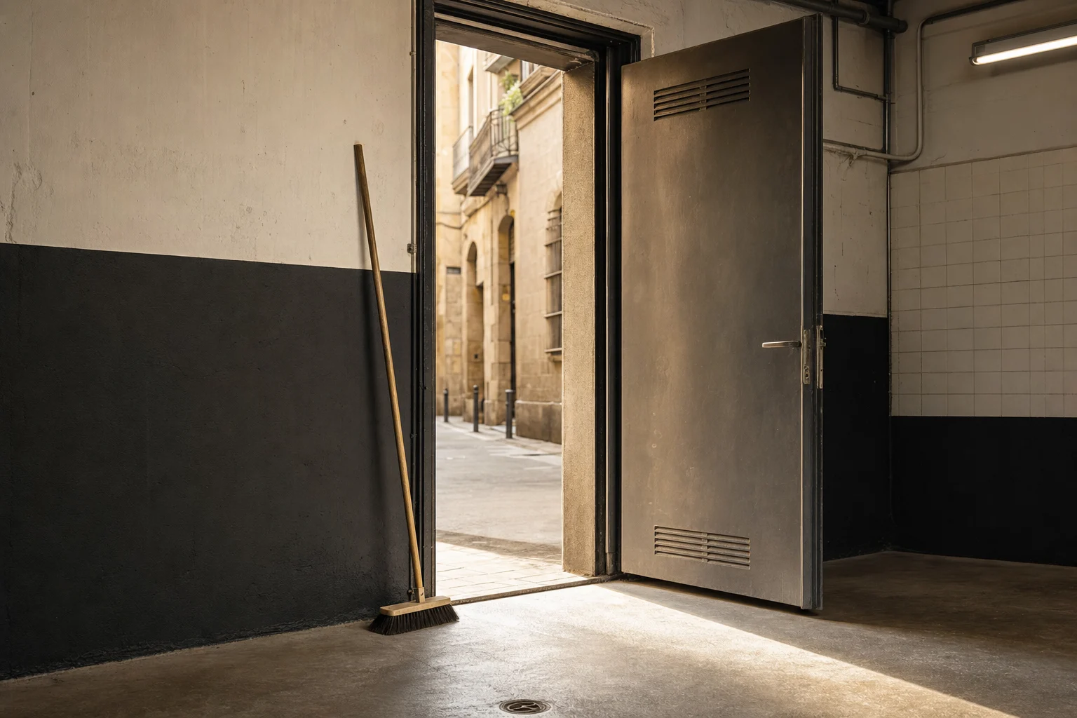 Zona de carga trasera de un local de Barcelona al terminar la retirada, con el suelo barrido y la puerta metálica abierta a la luz de la tarde