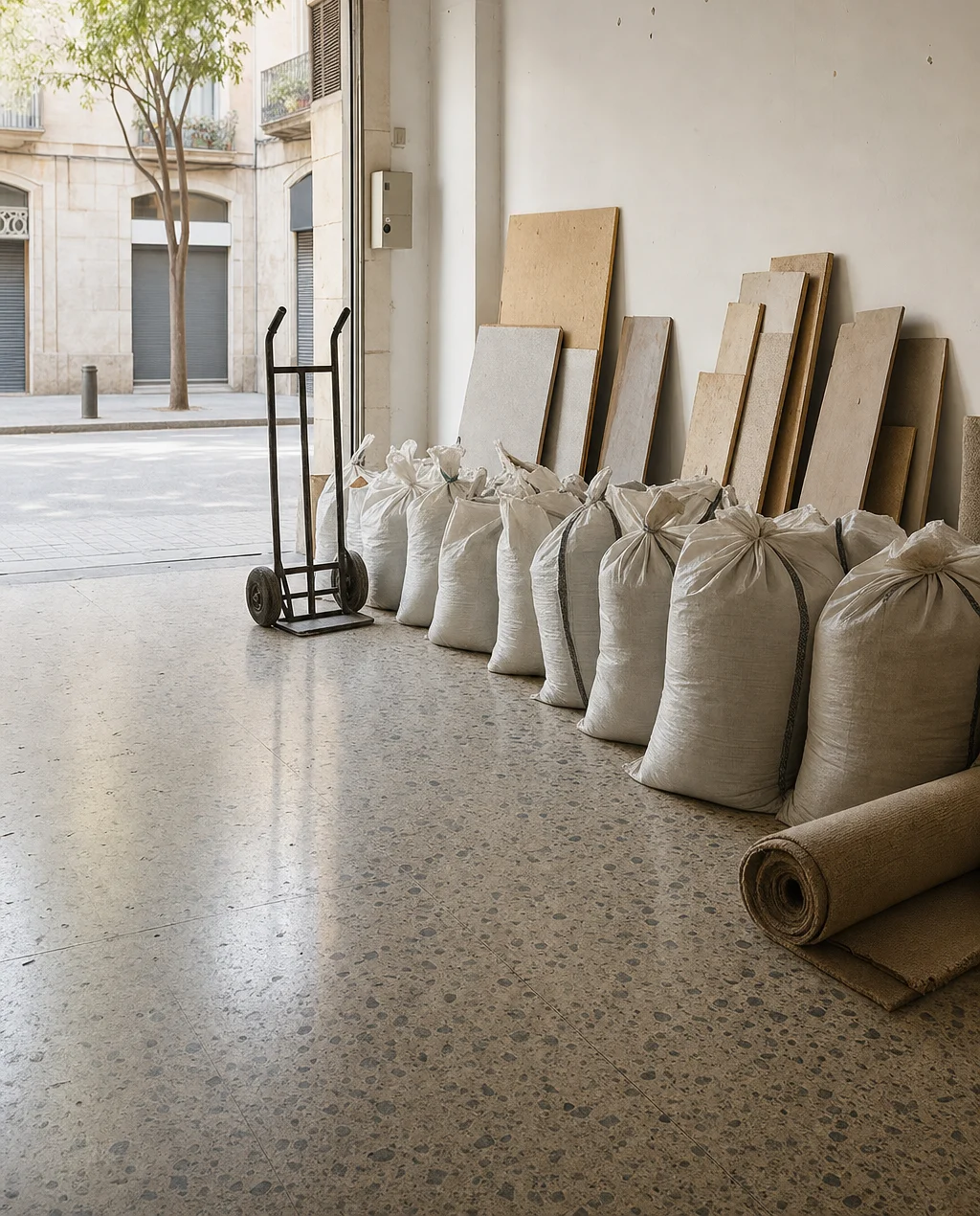 Local comercial de Barcelona con sacos de escombro cerrados alineados junto a una carretilla de mano, paneles apilados y la persiana abierta a la calle