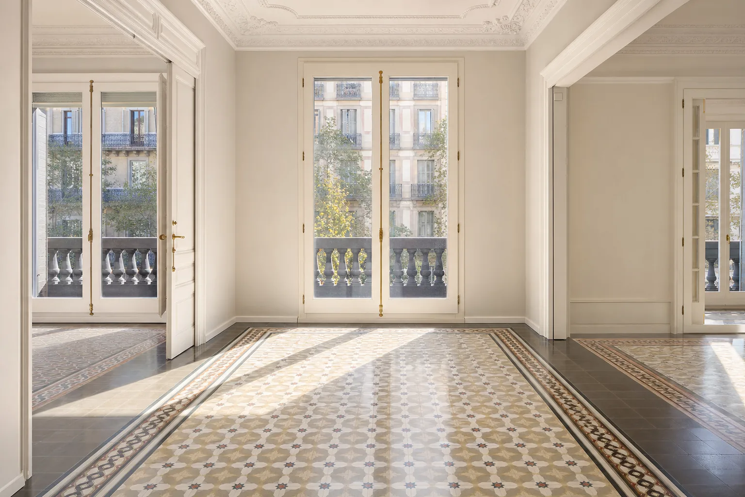 Estancia del Eixample tras la limpieza fin de obra, con el suelo de mosaico brillante, los cristales limpios y las paredes sin restos