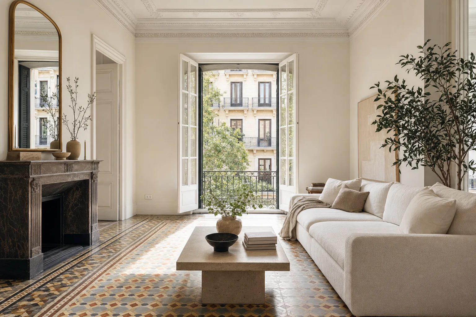 Salón del Eixample fotografiado como imagen de anuncio: encuadre nivelado, luz uniforme y el suelo de mosaico guiando la mirada