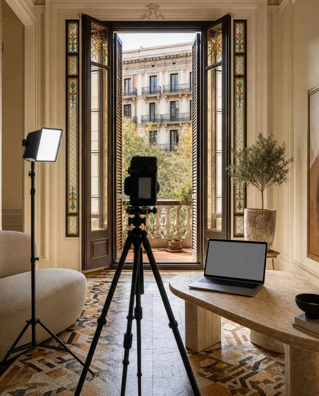 Sesión de fotos en un piso del Eixample: cámara sobre trípode encuadrando las puertas de balcón, un panel de luz y un portátil sobre la mesa