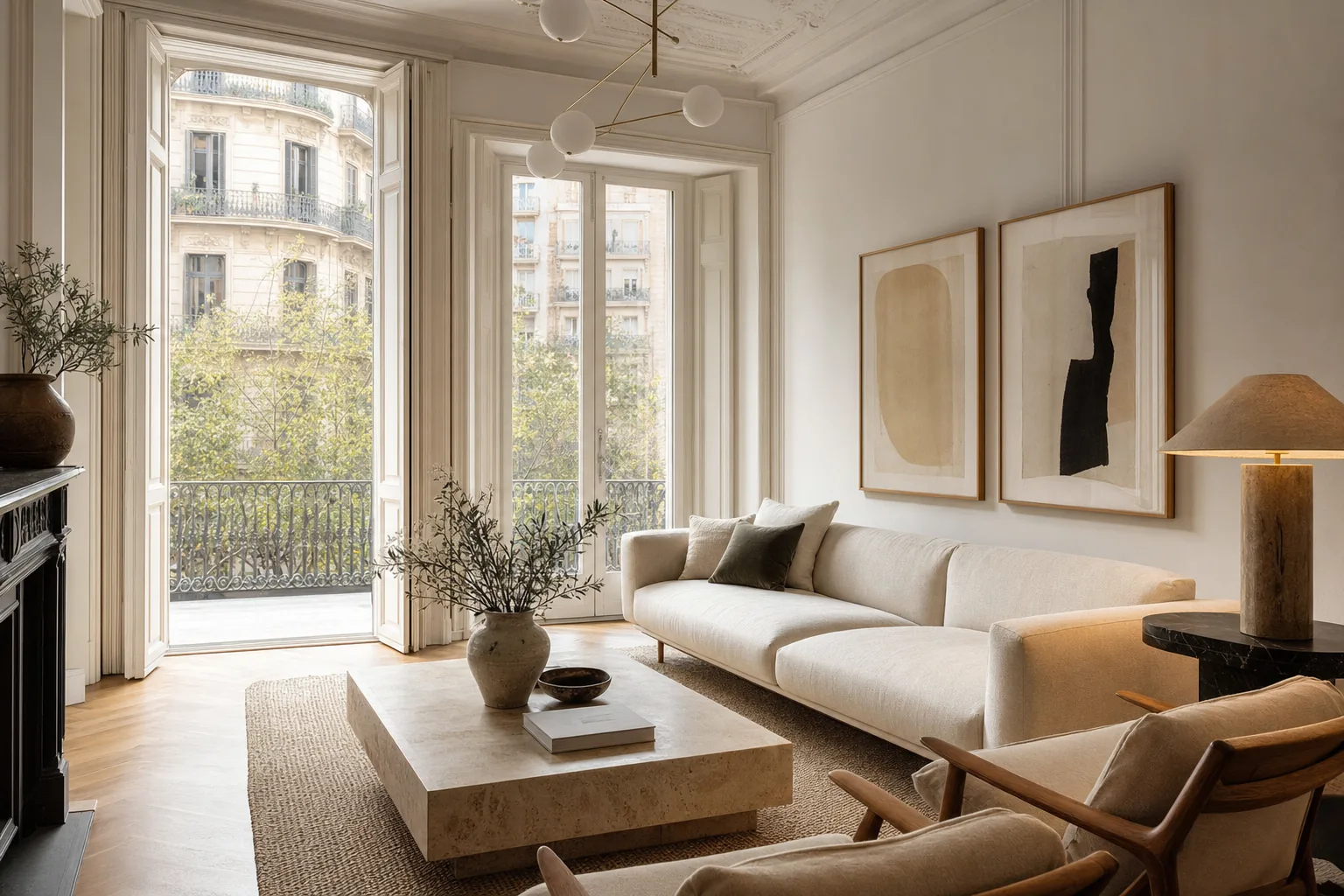 Salón del Eixample completamente vestido con home staging: sofá de lino, mesa de travertino, alfombra y ramas de olivo, con la luz de la tarde
