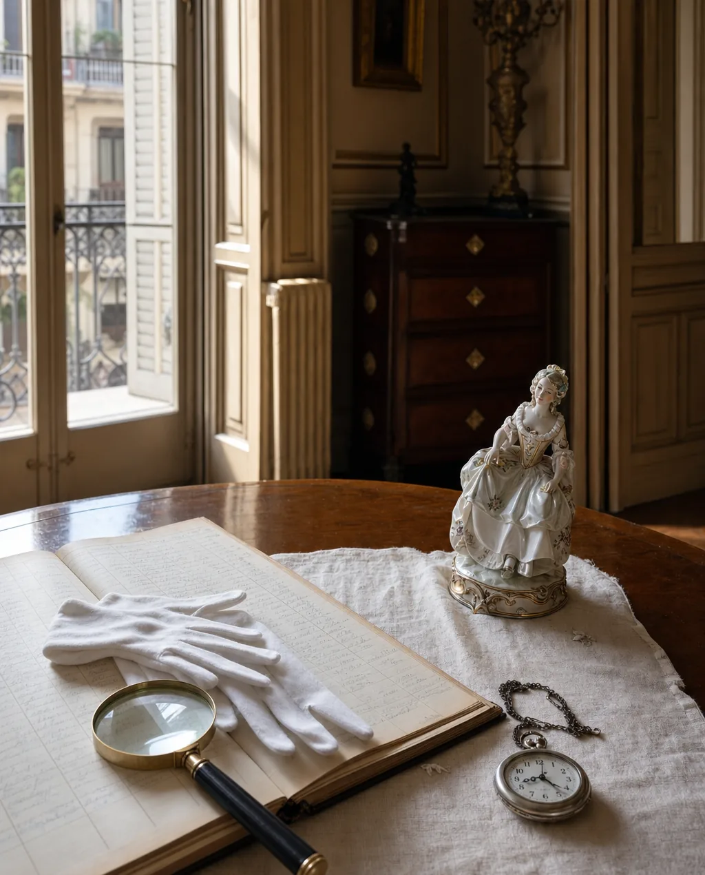 Libro de registro abierto con anotaciones a mano, guantes blancos y lupa de latón, junto a un reloj de bolsillo y una figura de porcelana sobre lino