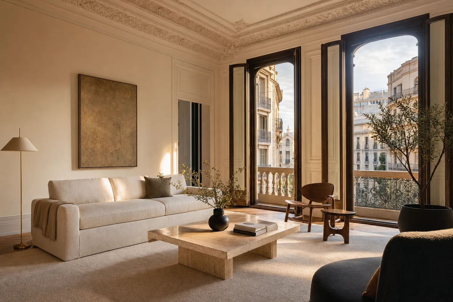 Salón del Eixample vestido y fotografiado para el anuncio, con sofá de lino, mesa de travertino y la luz dorada de la tarde