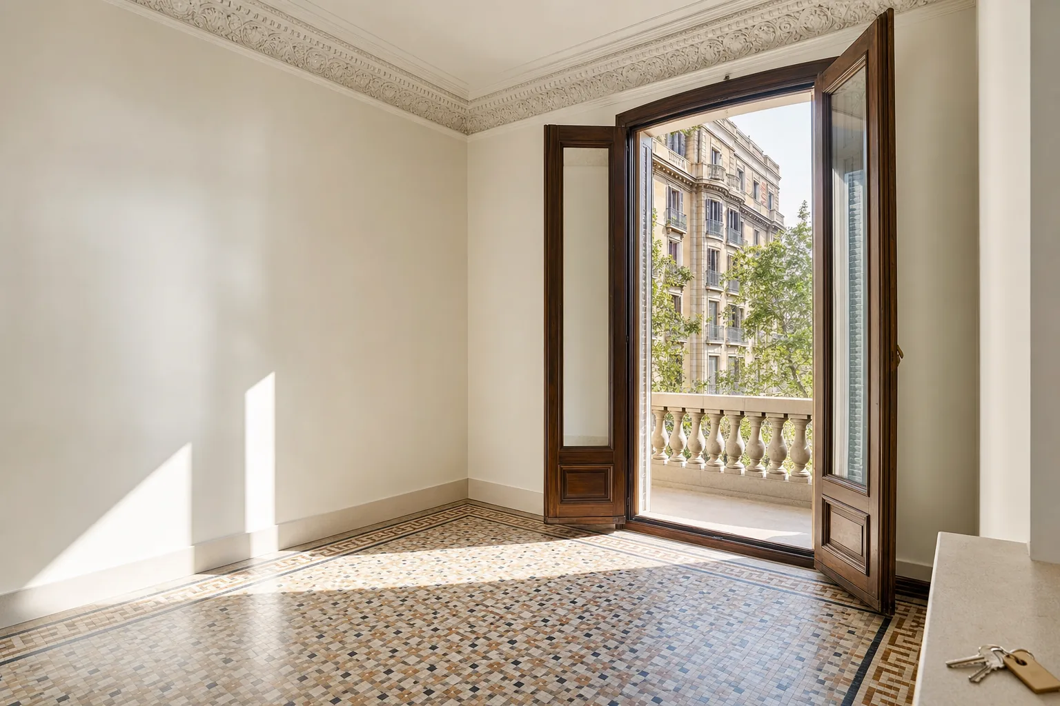 Piso vacío del Eixample listo para enseñar, con el suelo de mosaico impecable, las paredes recién pintadas y un juego de llaves sobre el alféizar