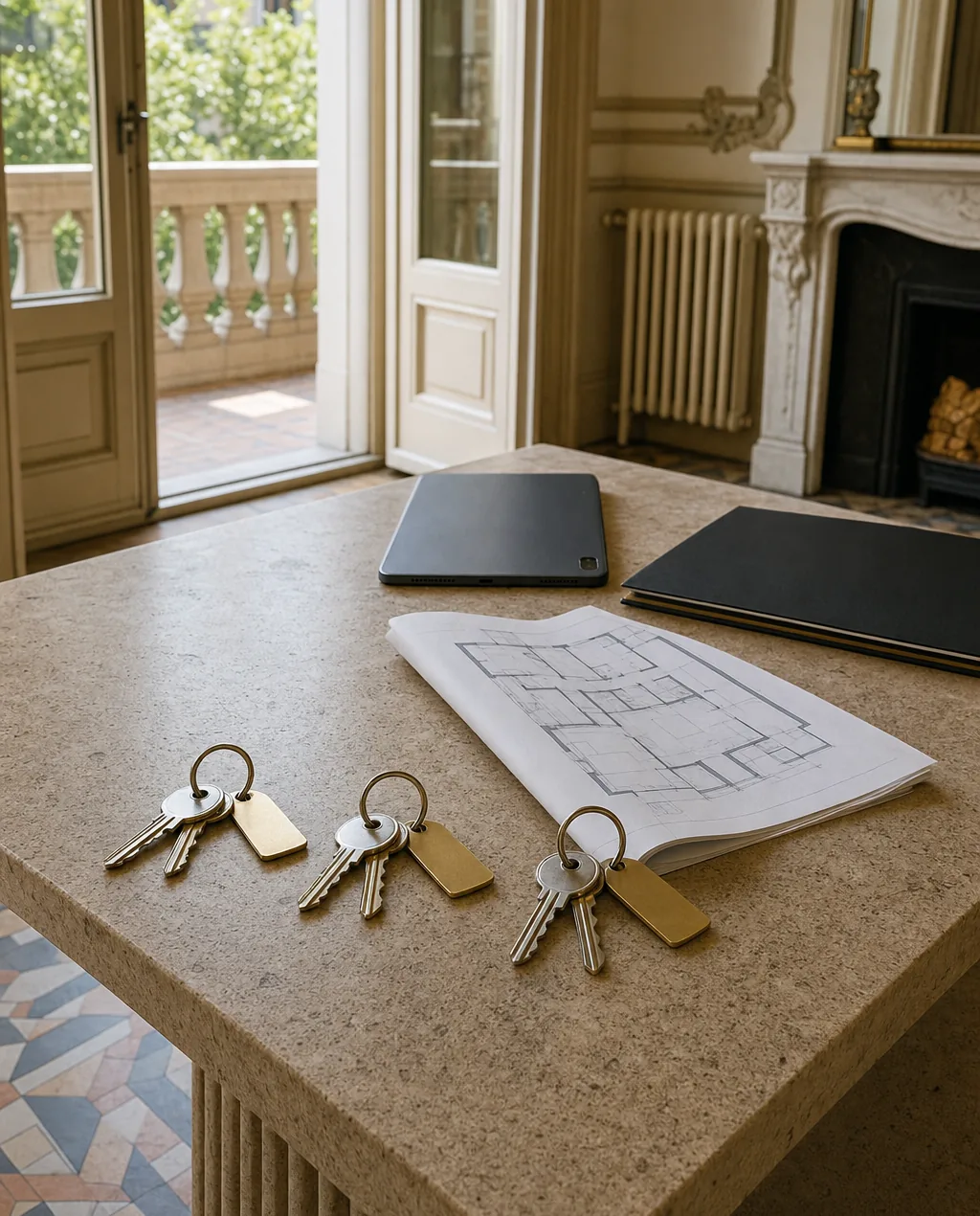 Tres juegos de llaves con etiquetas de latón alineados sobre una consola de travertino, junto a un plano del inmueble, una tableta y una carpeta
