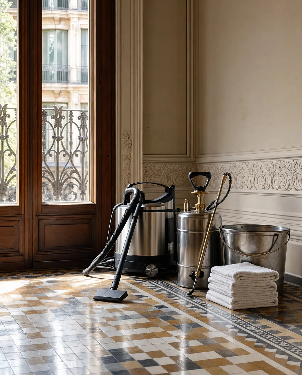 Equipo de limpieza profesional —máquina de vapor, pulverizador, cubo metálico y paños blancos— sobre el suelo de mosaico junto a un balcón del Eixample