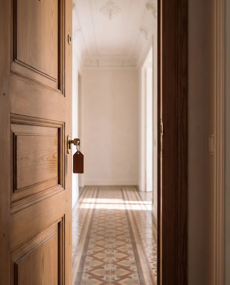 Llaves colgadas en la cerradura de la puerta de un piso vacío y recién limpiado, con suelo de mosaico Nolla al fondo