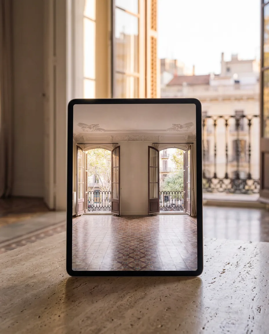 Tableta apoyada sobre una mesa mostrando la fotografía del mismo piso del Eixample, con los balcones y los tejados de Barcelona al fondo