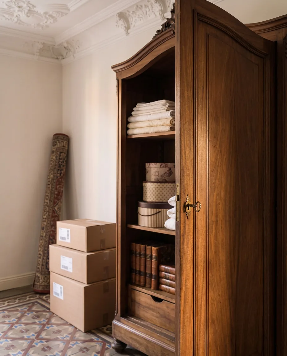 Armario de nogal entreabierto con ropa de casa y cajas etiquetadas en un piso del Eixample pendiente de vaciado