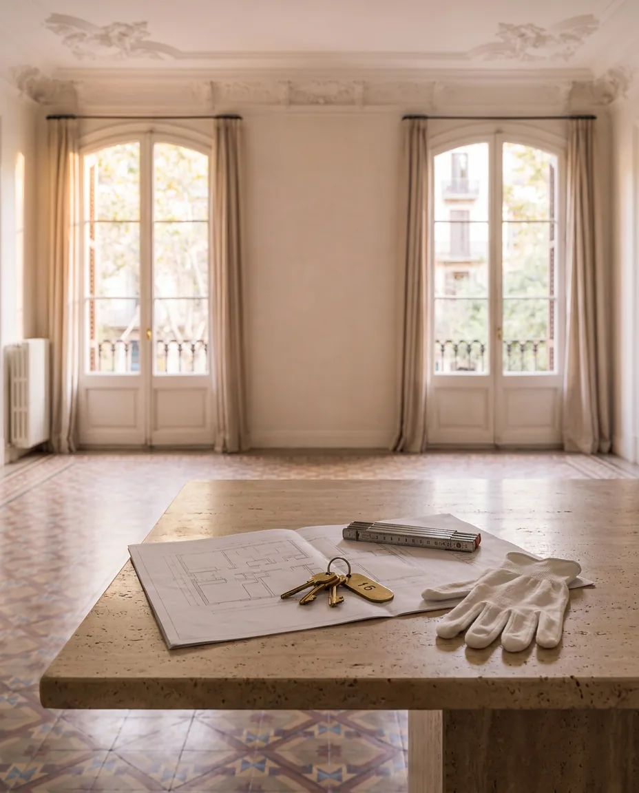 Plano del inmueble, llaves numeradas, metro y guantes blancos sobre una mesa de travertino en un piso vacío preparado para visitas