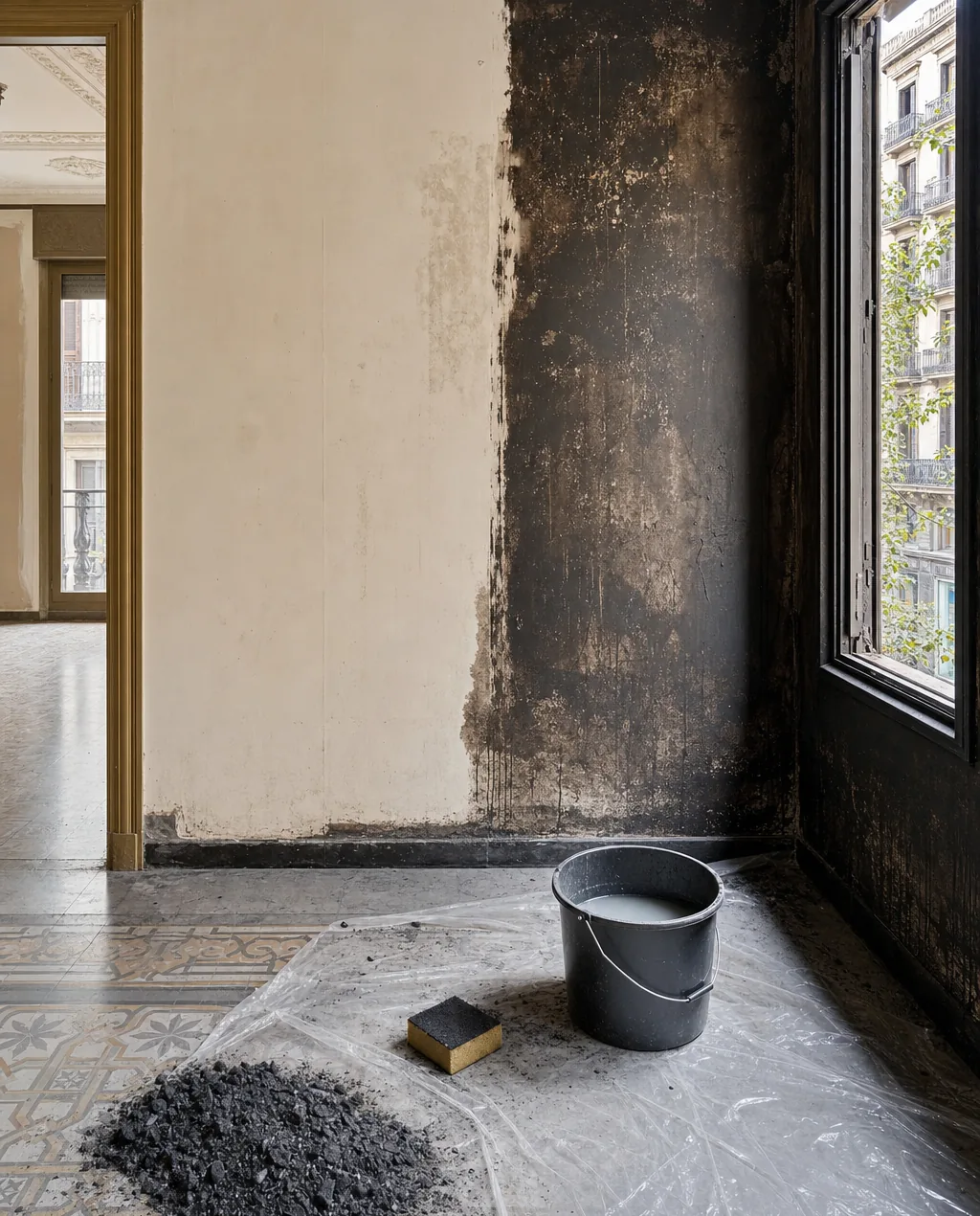 Pared de una estancia del Eixample a medio limpiar tras un incendio: la mitad recuperada y la otra aún cubierta de hollín, con cubo, esponja y ceniza barrida
