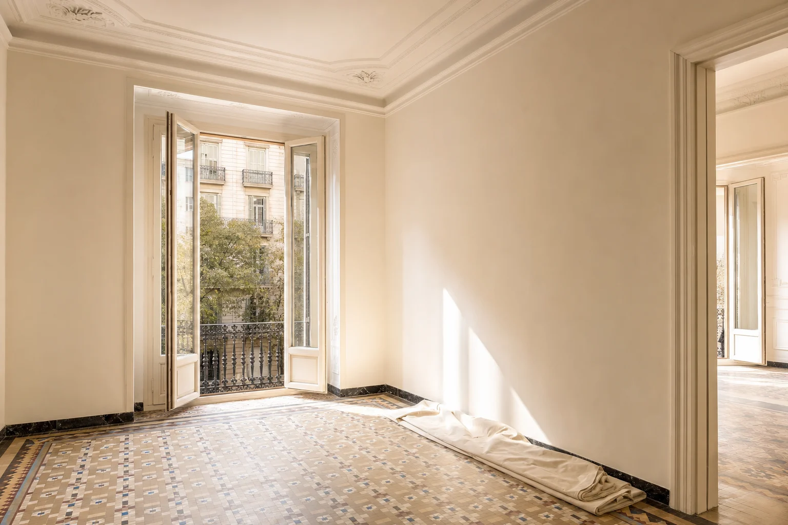Habitación de un piso del Eixample recién pintada en blanco roto, con la moldura restaurada, la cinta de pintor ya retirada y la lona doblada en un rincón