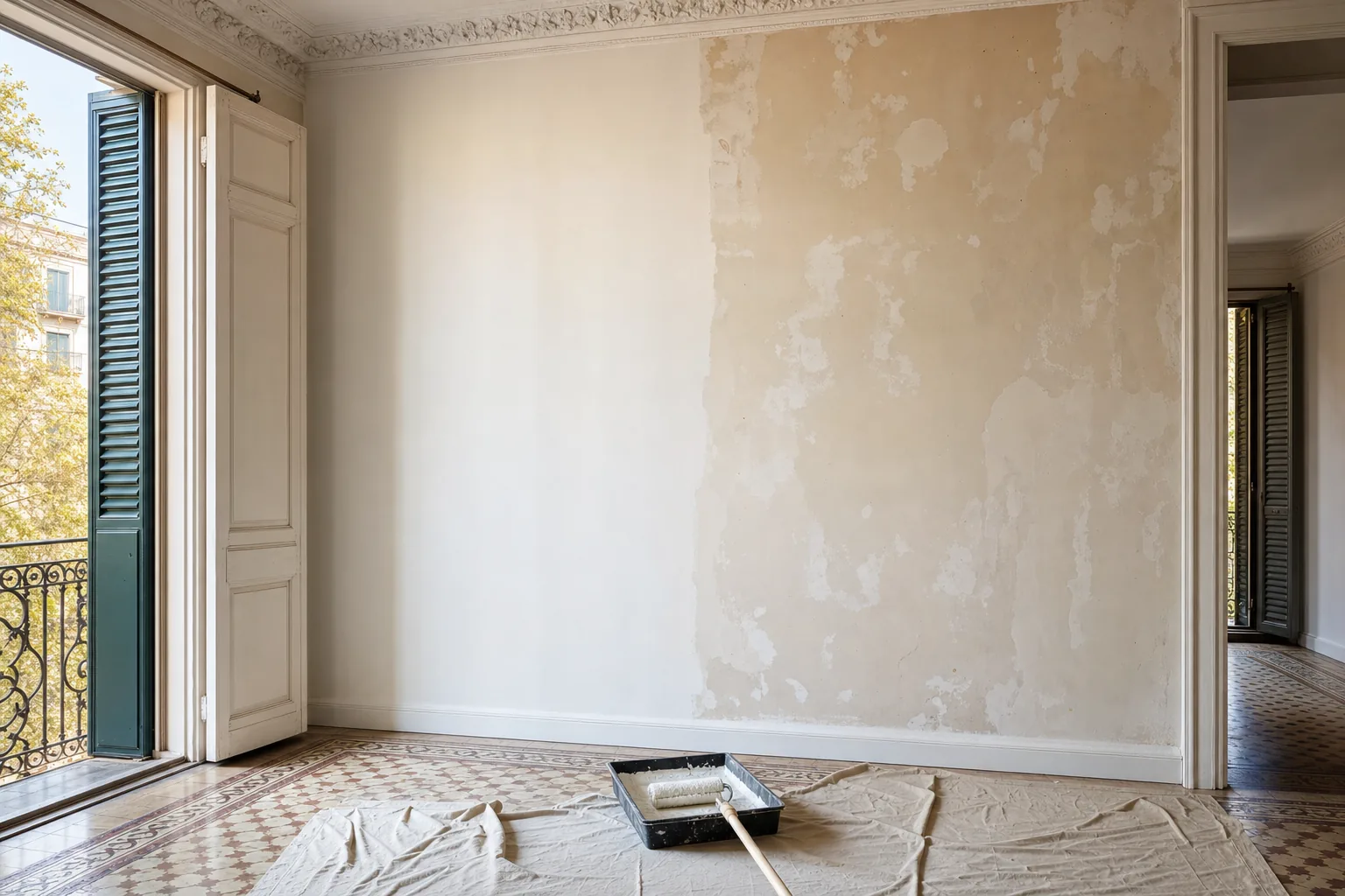 Pared de un piso del Eixample a medio pintar: la mitad ya cubierta de blanco roto y la otra mitad con el enlucido antiguo