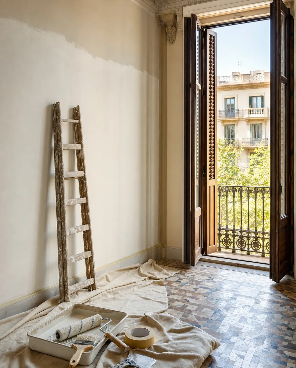 Escalera plegable, bandeja con rodillo y brochas limpias, cinta de carrocero y una espátula sobre una lona en un piso del Eixample en obras