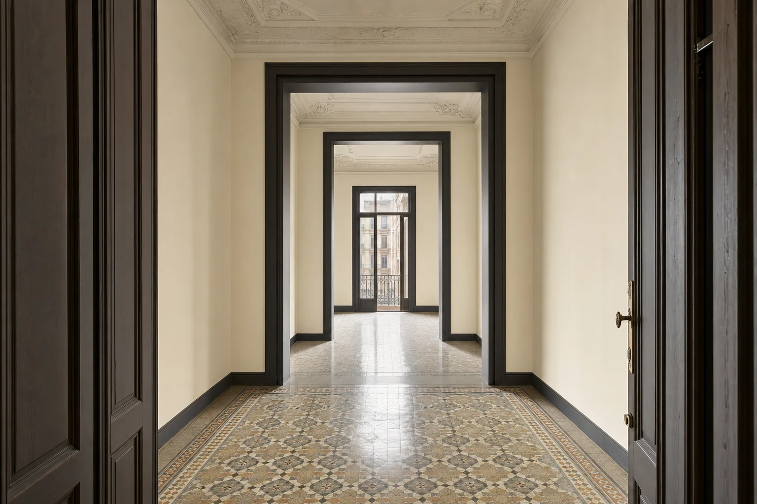 Recibidor de un piso vacío del Eixample con las puertas en enfilada abiertas, suelo de mosaico hidráulico y la luz de un balcón al fondo