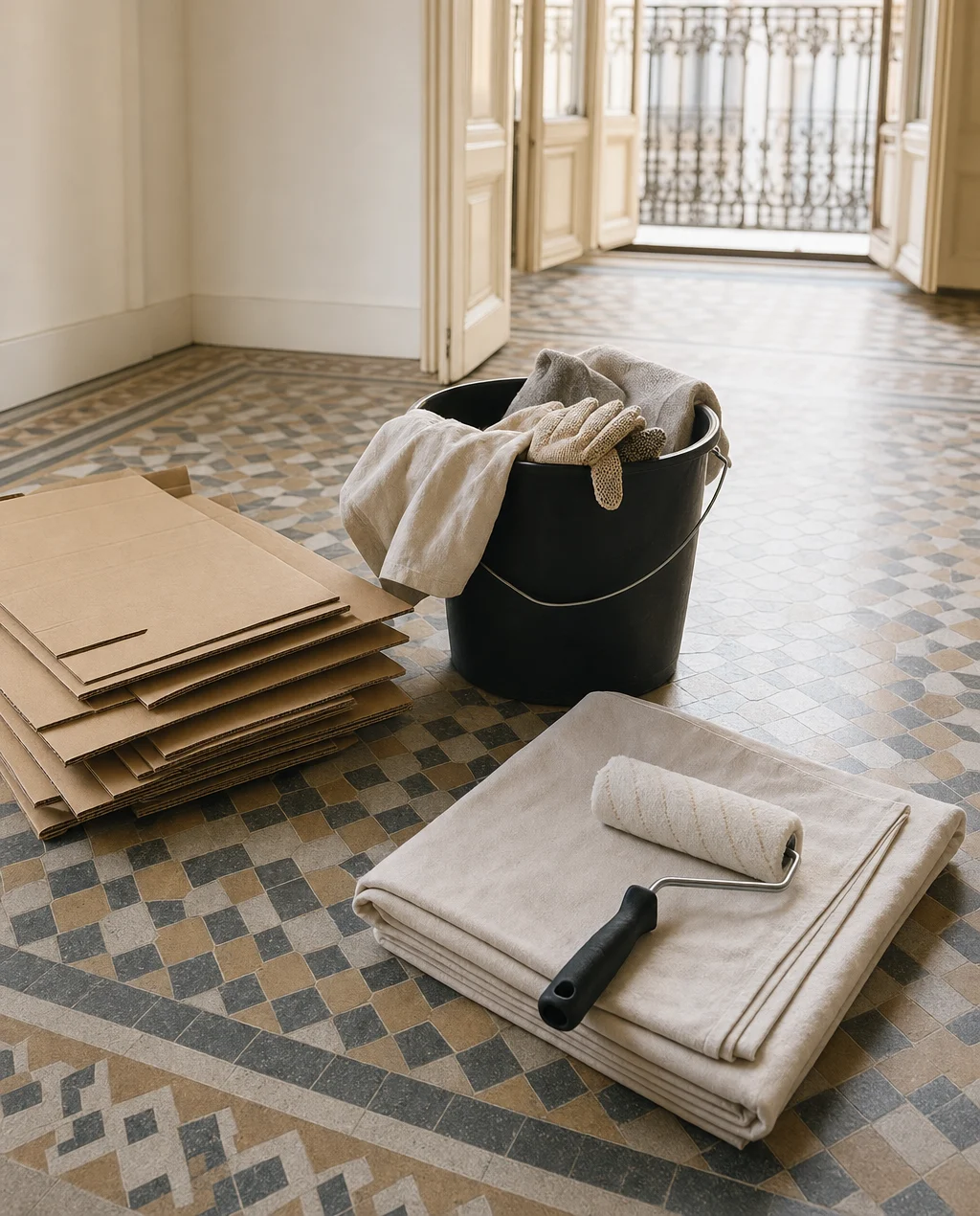 Material de las distintas fases sobre el mosaico hidráulico de un piso vacío del Eixample: cajas de cartón plegadas, un cubo con trapos, una lona doblada y un rodillo limpio
