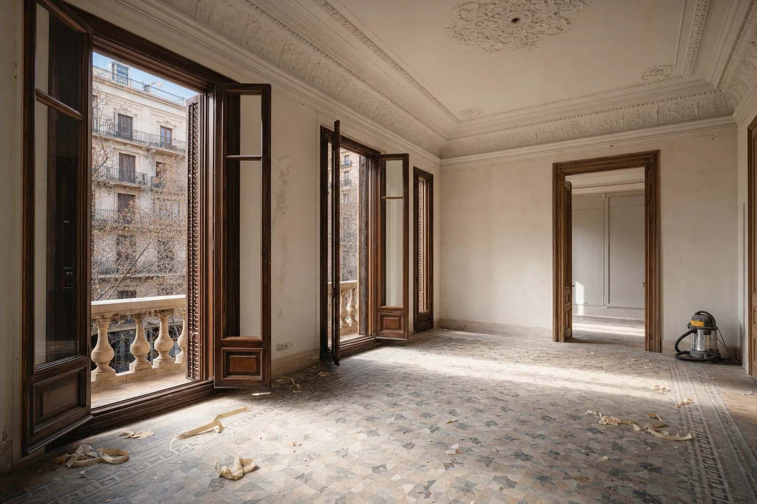 Salón del Eixample recién salido de obra, con polvo de yeso sobre el suelo de mosaico y restos de cinta de pintor