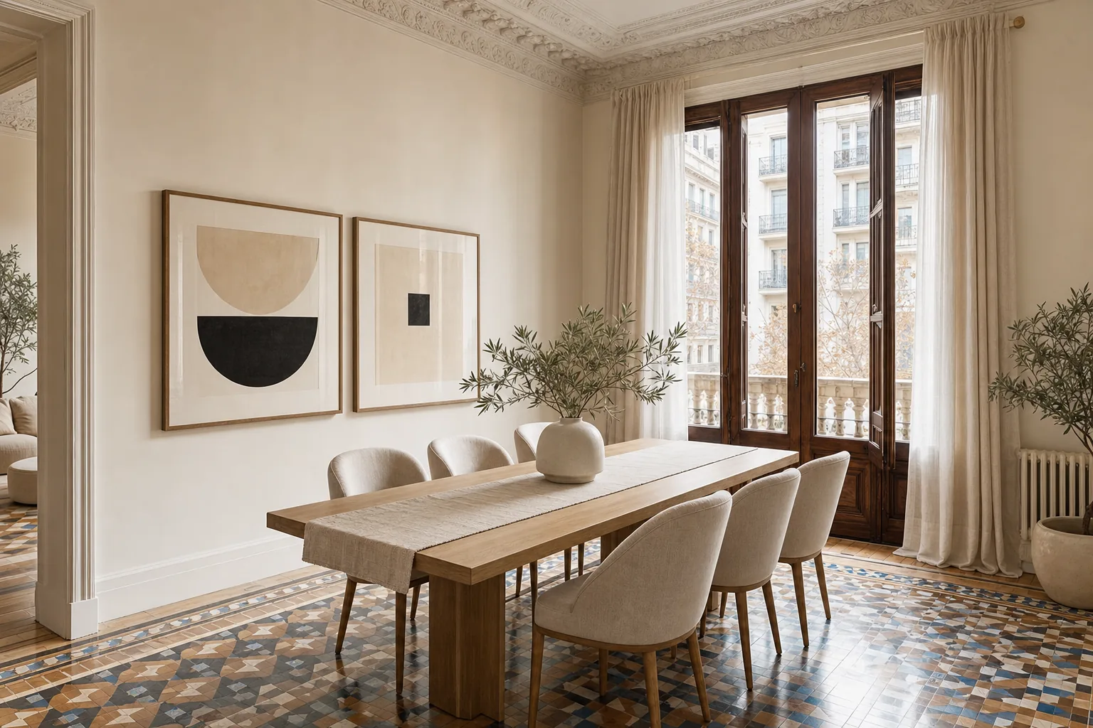 Comedor de un piso del Eixample vestido con home staging: mesa de roble, sillas tapizadas y ramas de olivo sobre el suelo de mosaico