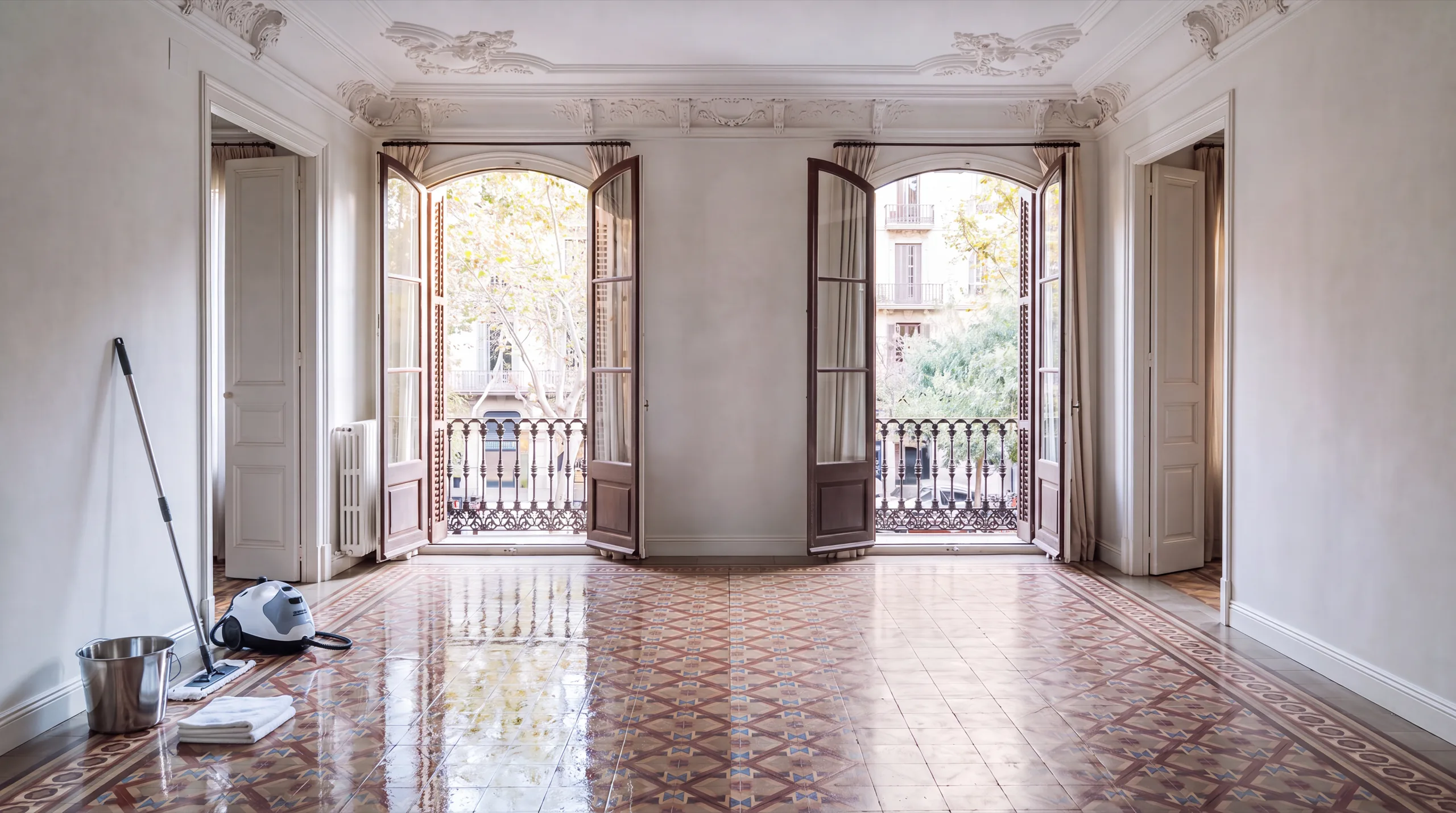 Salón vacío de un piso del Eixample con el suelo de mosaico hidráulico recién fregado y las puertas de balcón abiertas