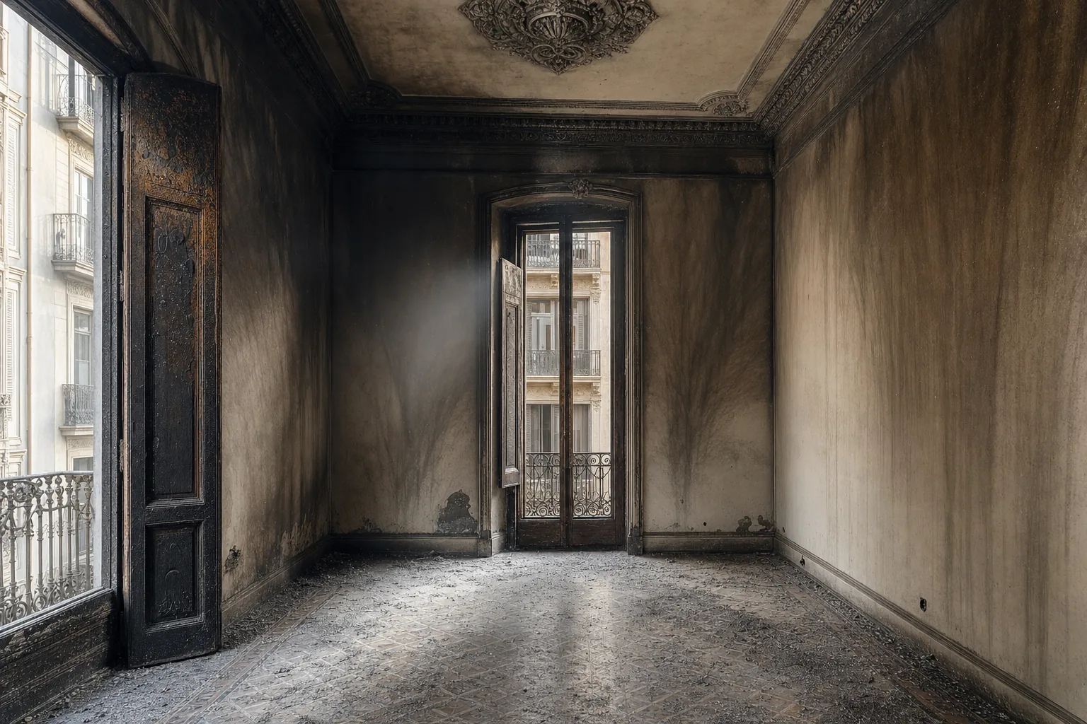 Habitación del Eixample tras un incendio, con hollín en las paredes y el techo y ceniza sobre el suelo de mosaico