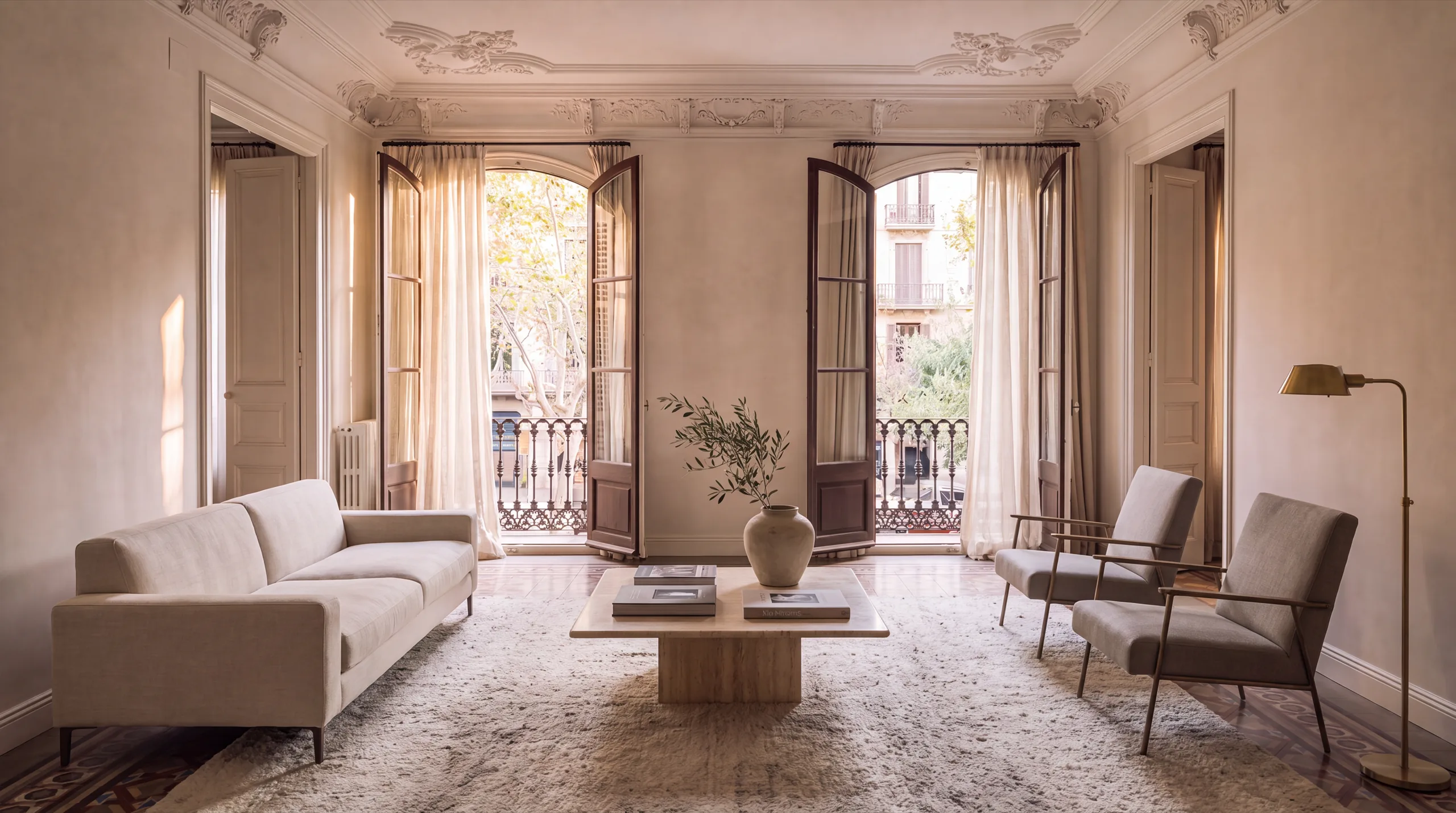 Salón del Eixample limpio y preparado, con sofá de lino y mesa de travertino