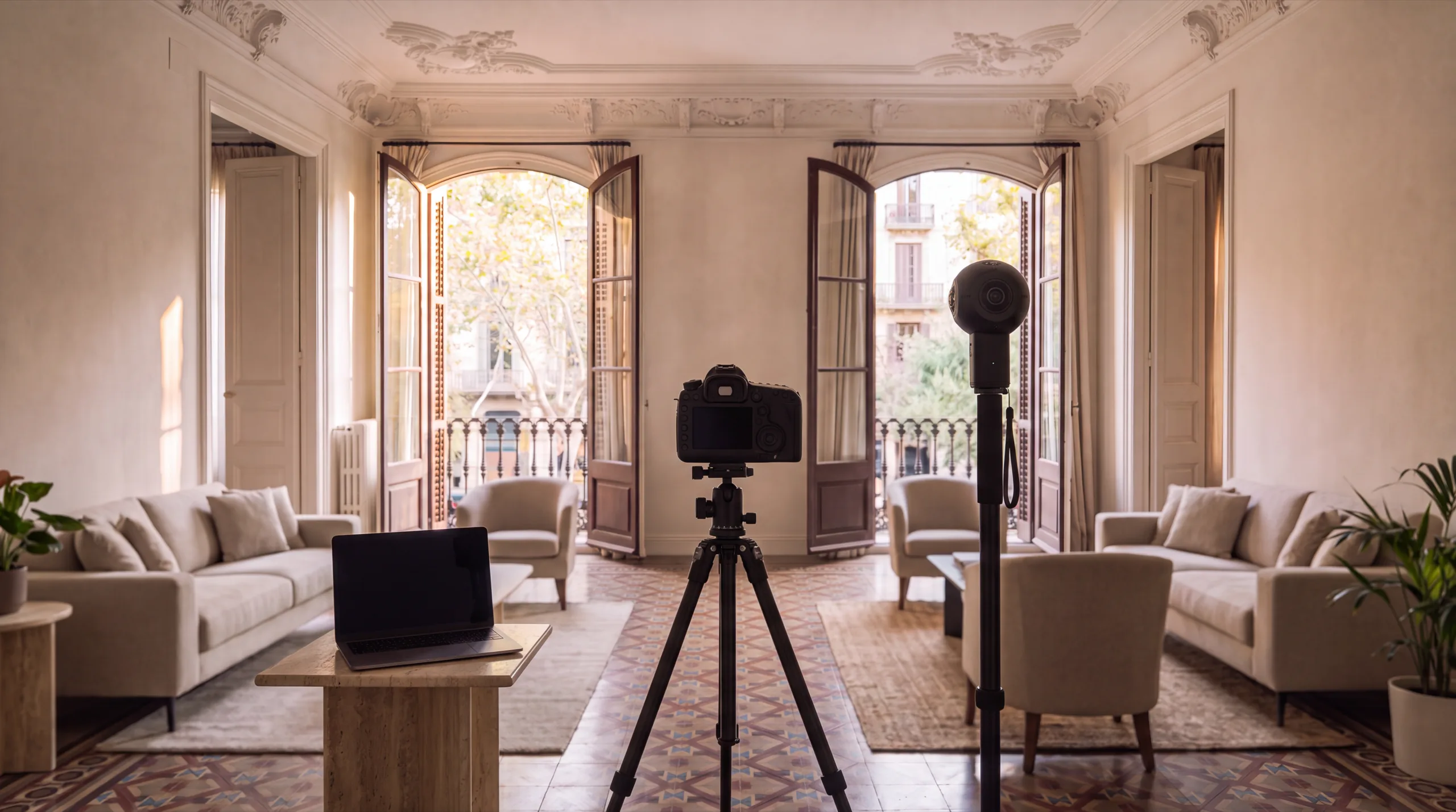 Cámara réflex sobre trípode y cámara 360° fotografiando el salón de un piso del Eixample ya preparado