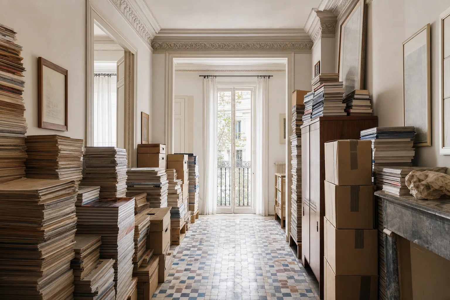 Salón de un piso del Eixample con pilas de periódicos, libros y cajas que dejan un paso estrecho hasta el balcón