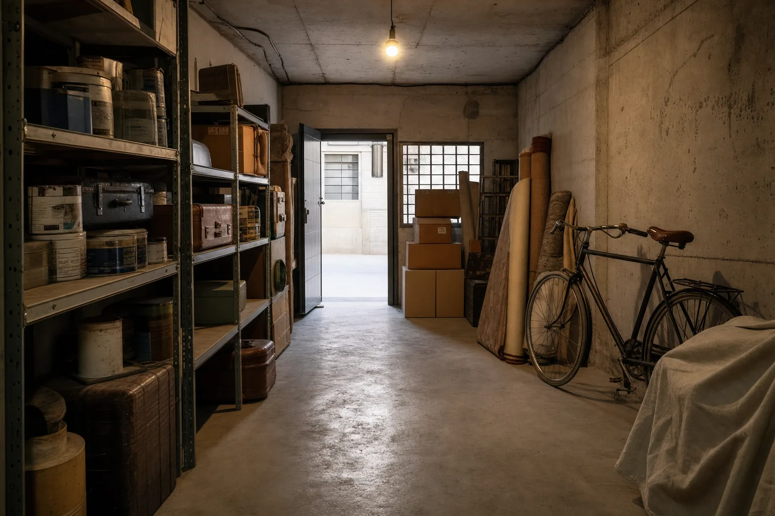 Trastero de una finca de Barcelona con estanterías, cajas, alfombras enrolladas y una bicicleta antigua