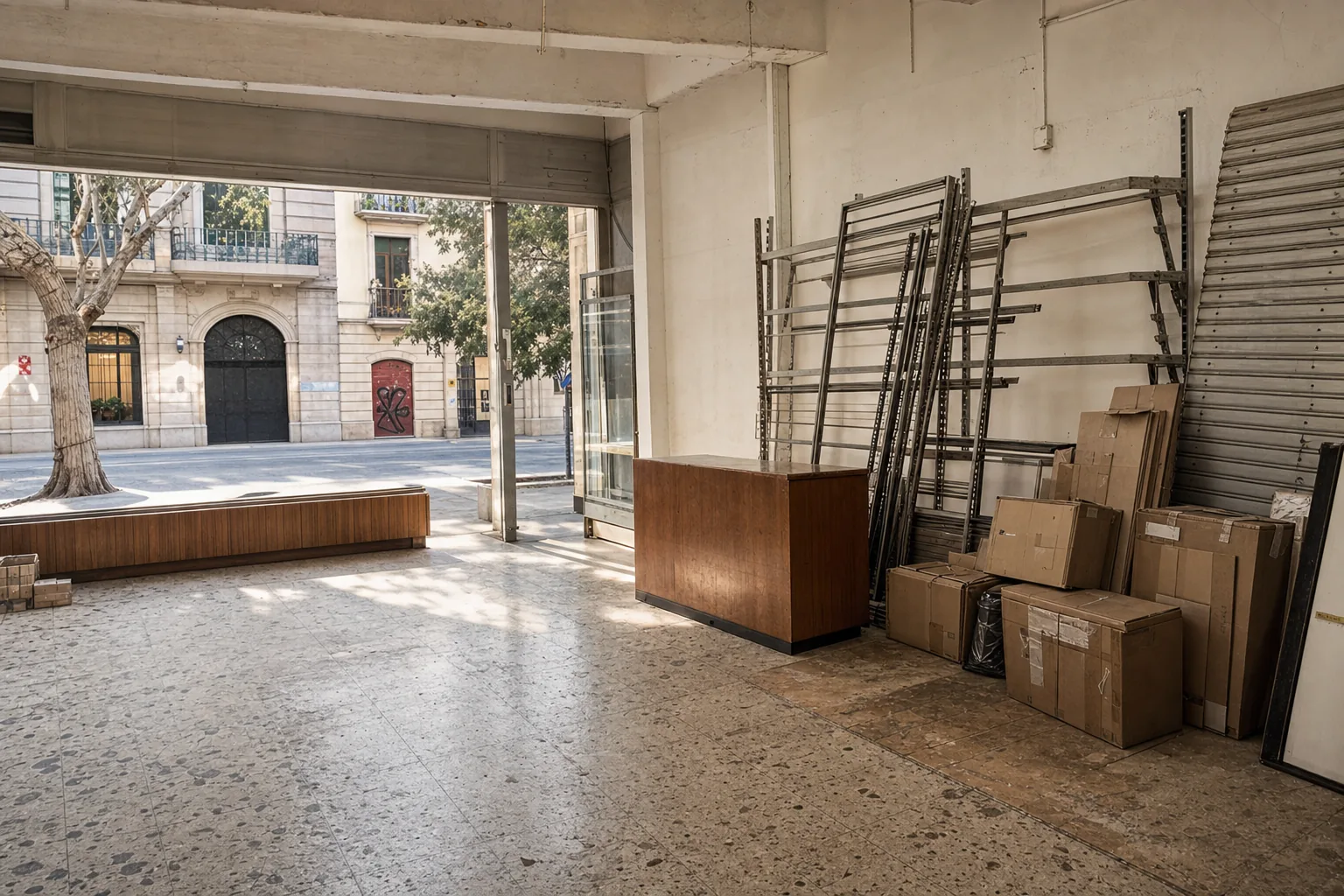 Local comercial vacío en Barcelona con estanterías desmontadas y cajas listas para retirar