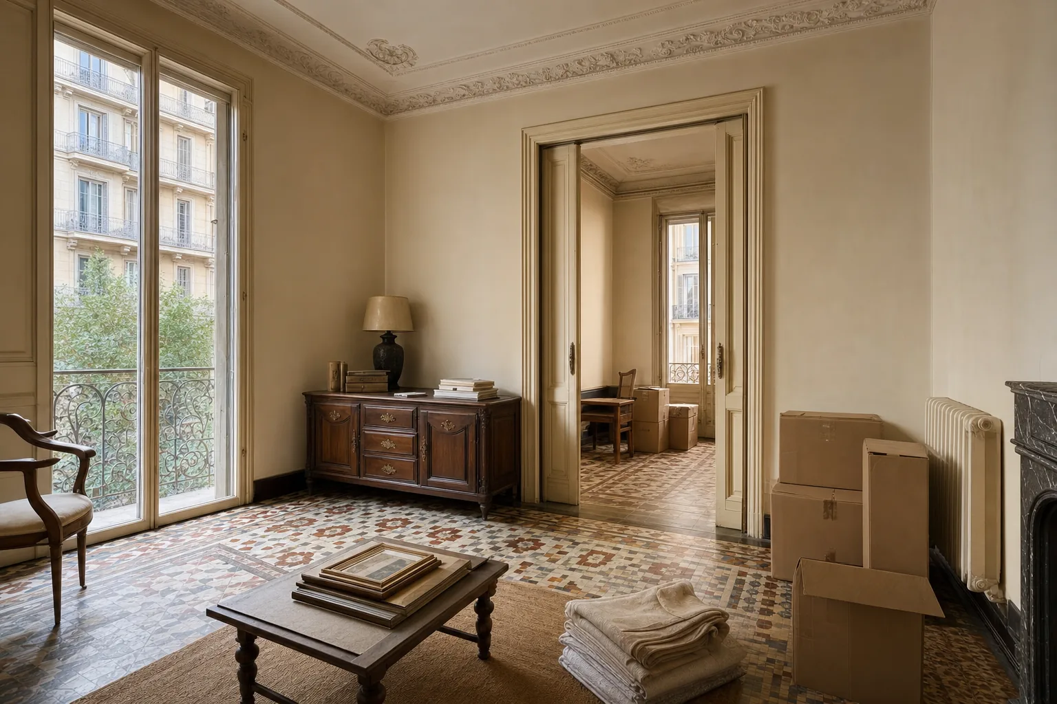 Salón de un piso del Eixample con fotografías y ropa de casa recogidas con cuidado antes del vaciado