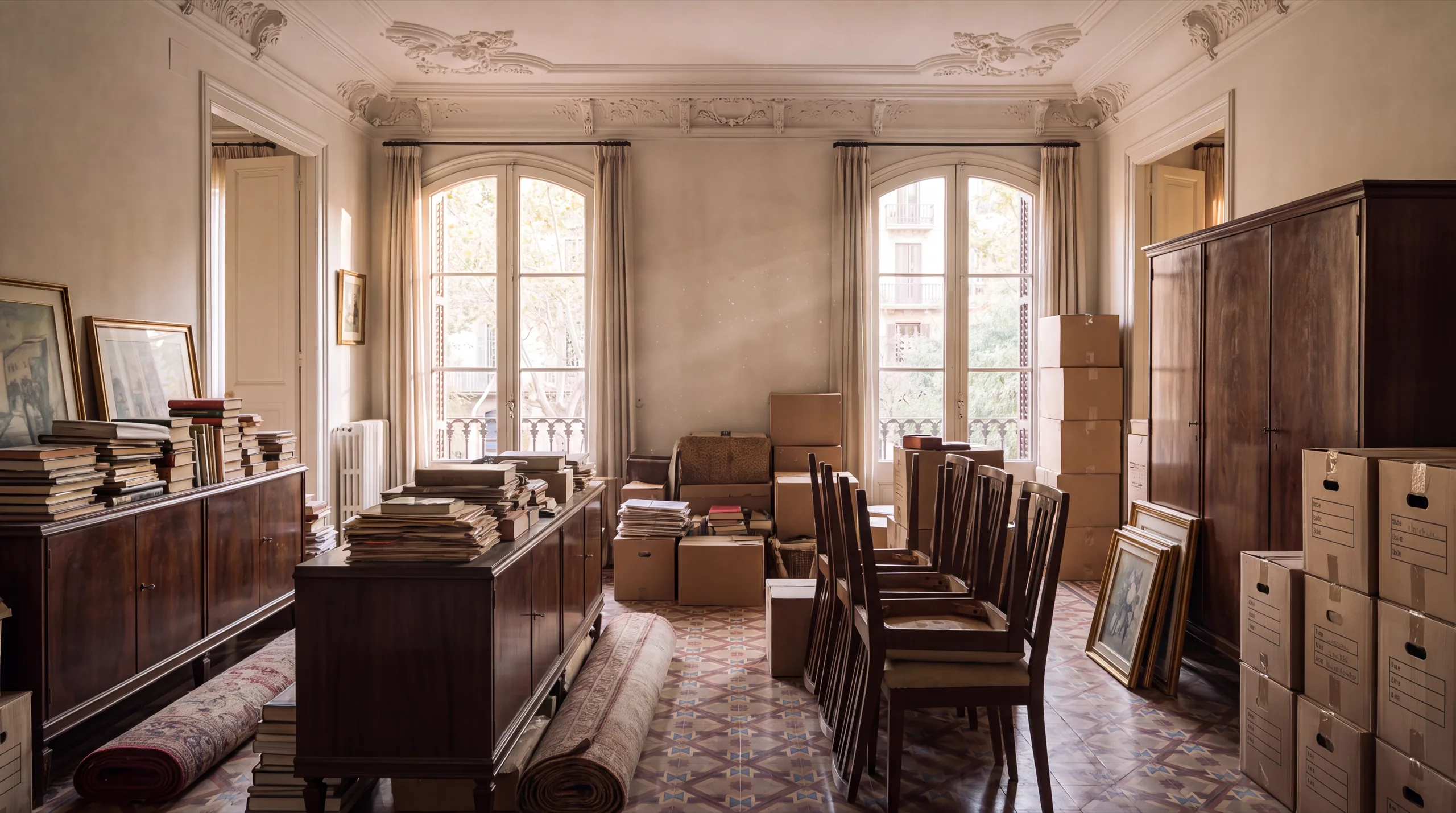 Salón señorial del Eixample de Barcelona lleno de muebles antiguos y cajas, antes del vaciado integral