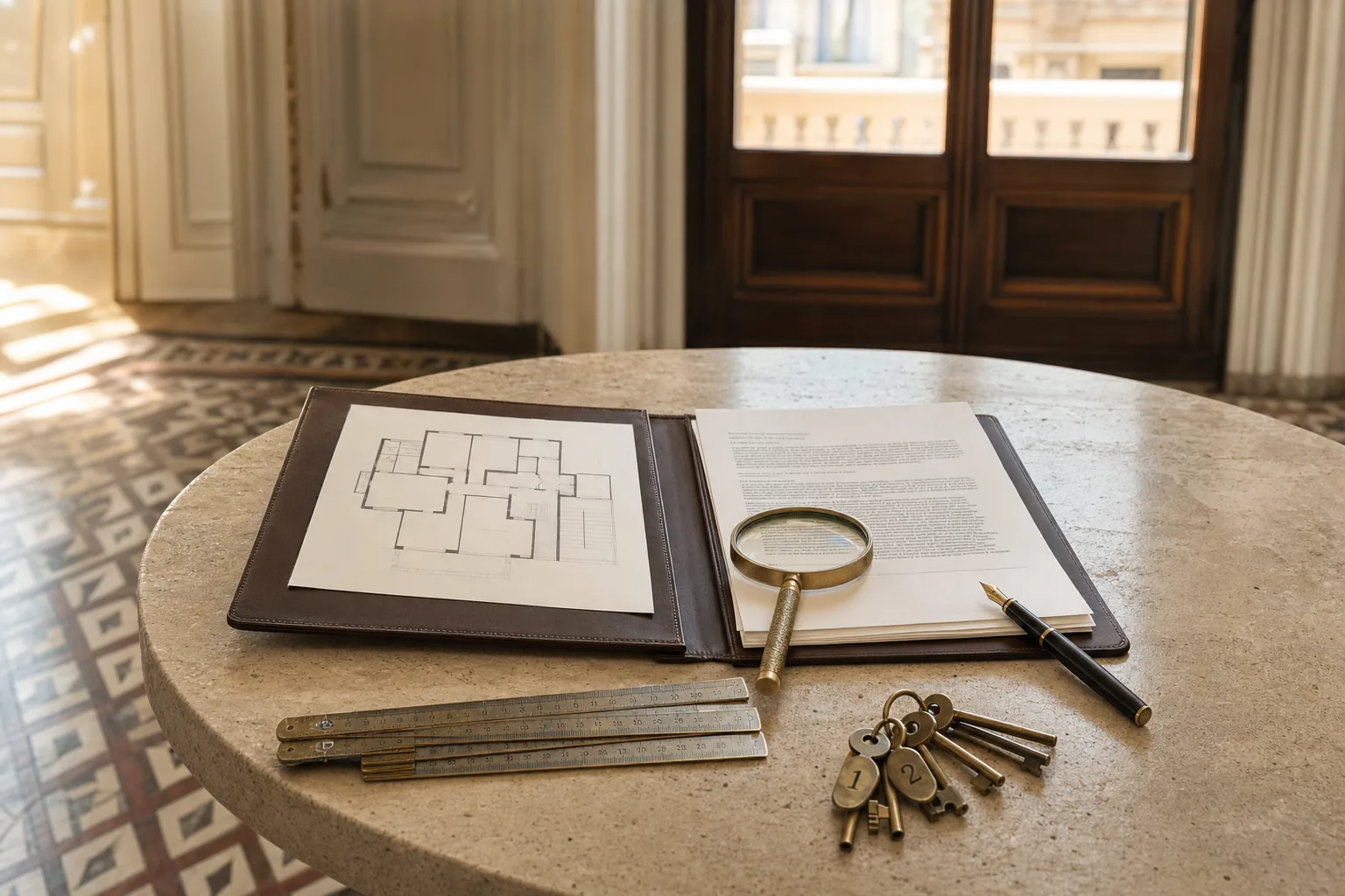 Carpeta de cuero abierta sobre una mesa de travertino con el plano del inmueble, un informe, una lupa de latón y llaves numeradas