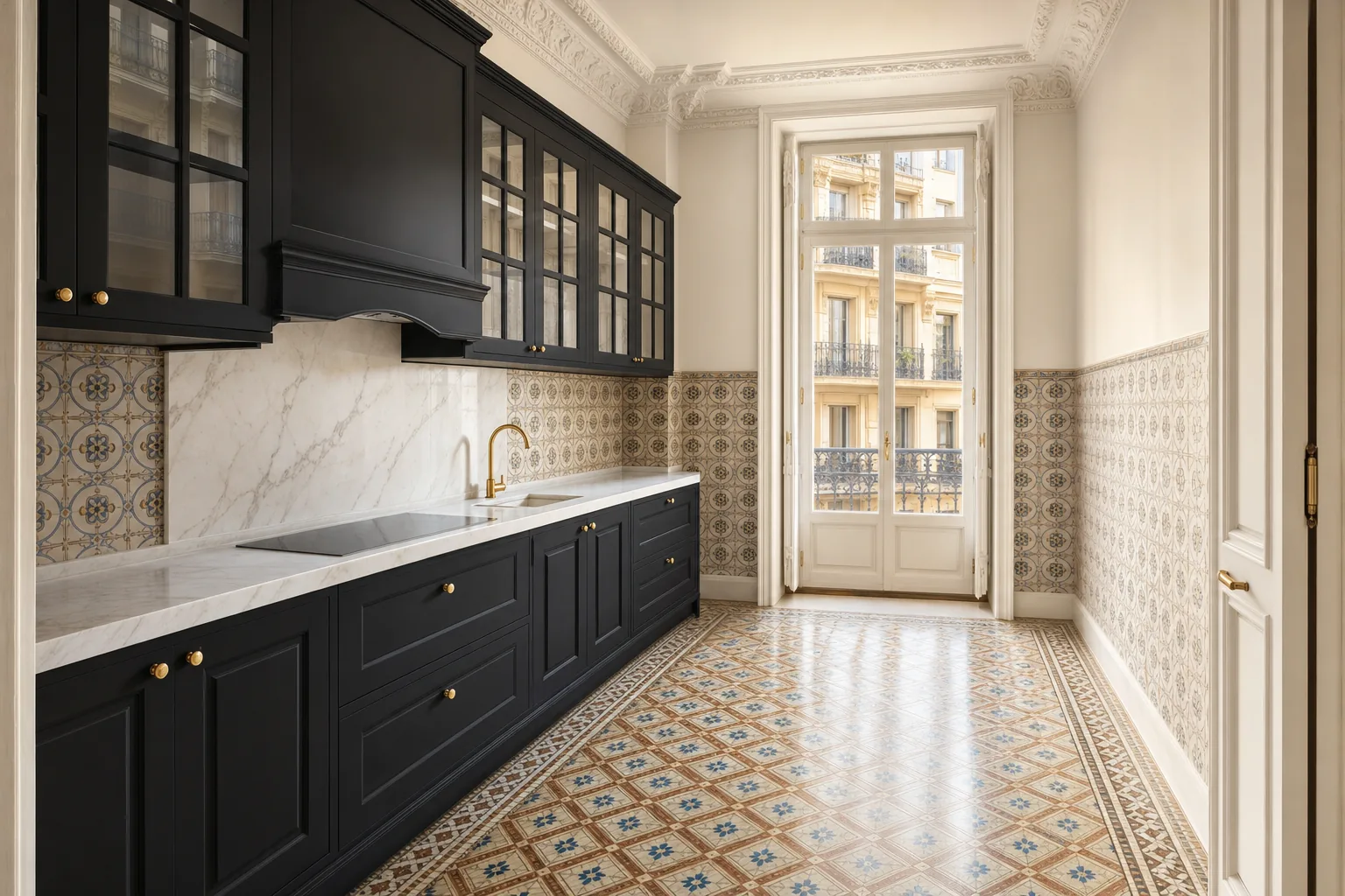 Cocina de un piso del Eixample vacía y recién limpiada, con la encimera de mármol despejada y el suelo de mosaico brillante