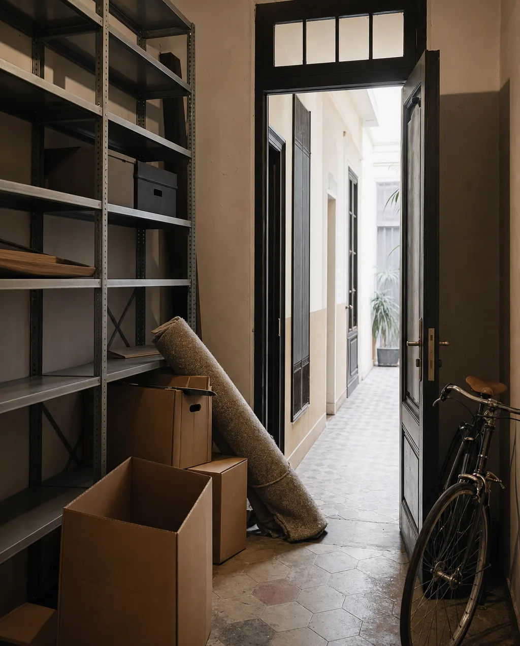 Trastero de una finca de Barcelona a medio vaciar, con estanterías metálicas despejándose y cajas salidas al pasillo