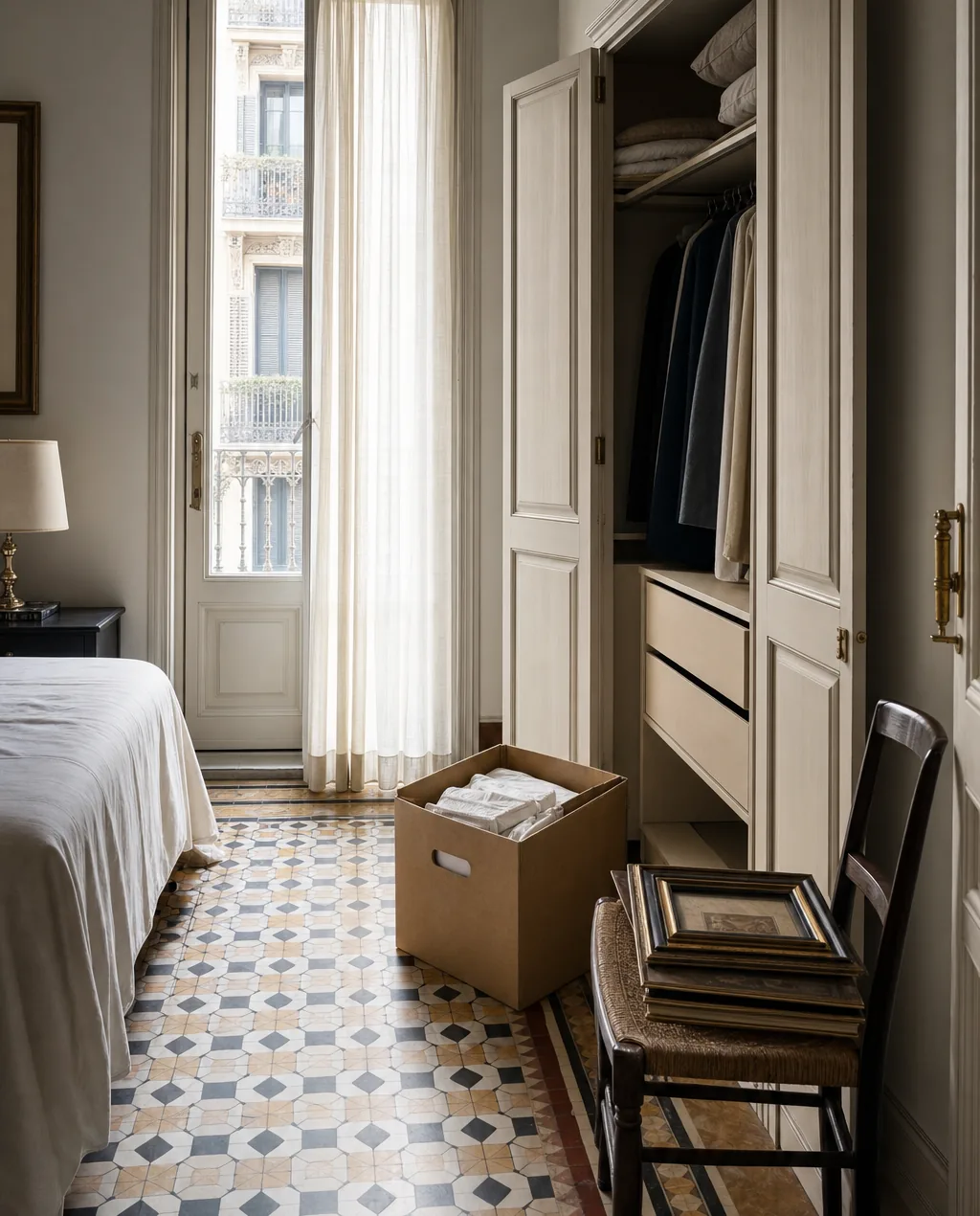 Dormitorio de un piso del Eixample durante un vaciado discreto: armario abierto con ropa de casa doblándose en una caja de archivo