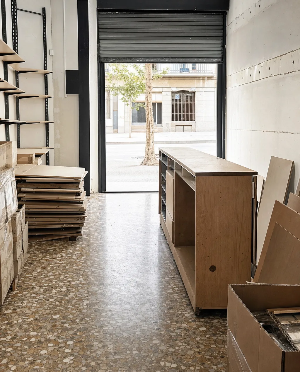 Local comercial de Barcelona en vaciado: estanterías desatornilladas y apiladas, un mostrador separado de la pared y cajas de género atadas