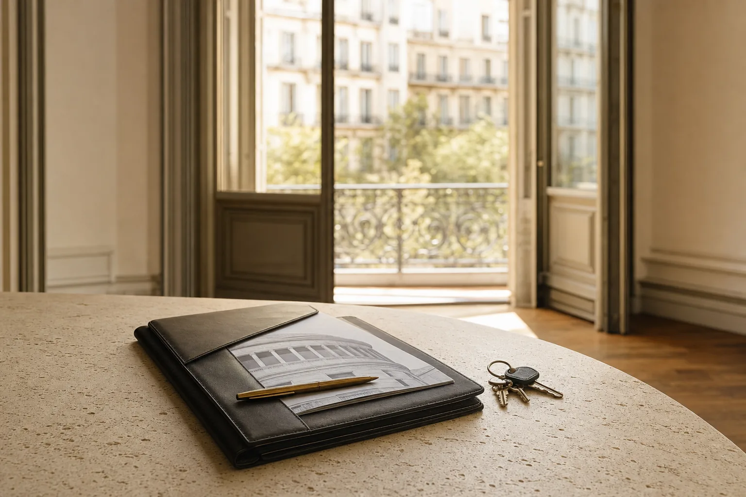Carpeta de cuero cerrada con un informe dentro y un bolígrafo encima, junto a unas llaves, sobre una mesa de travertino