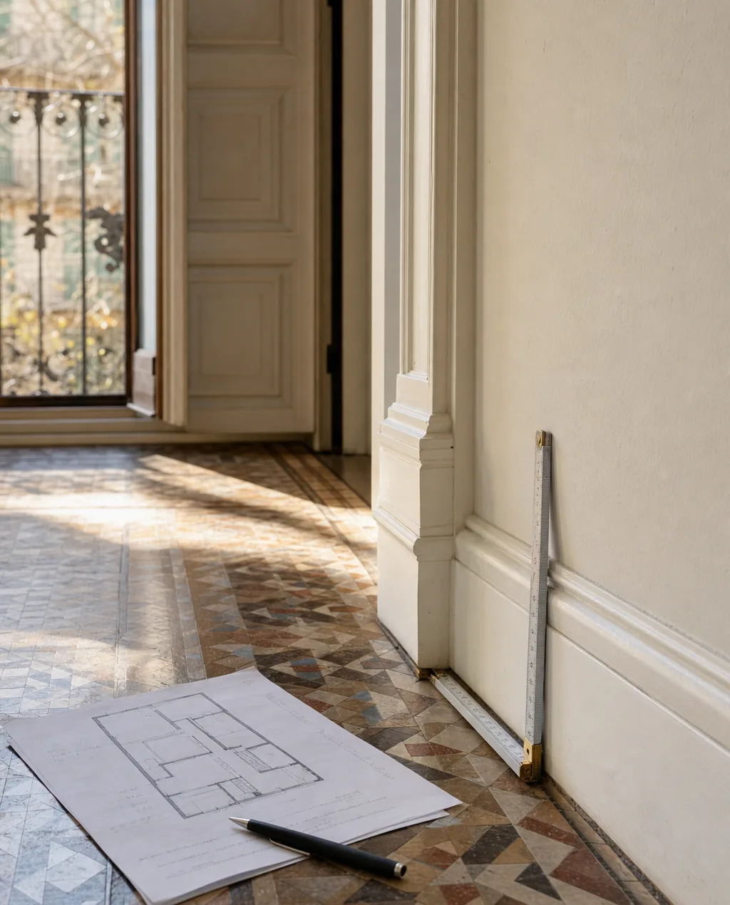 Metro plegable extendido junto al rodapié midiendo una pared, con el plano del inmueble y un bolígrafo sobre el suelo de mosaico